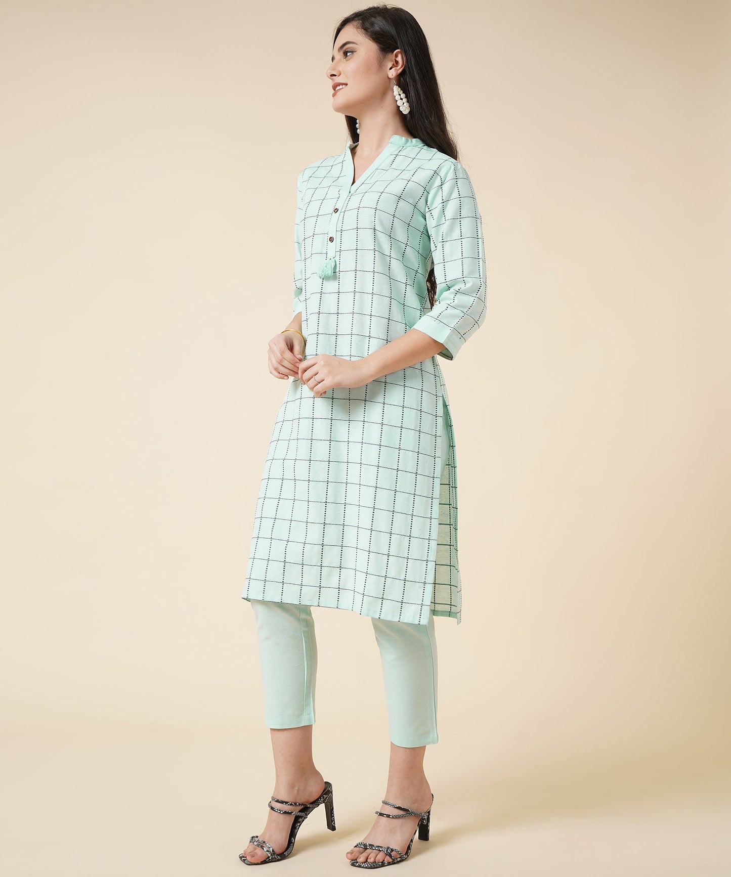 Ethnic Kurta Set With Pants, Check Design Pattern, Blue