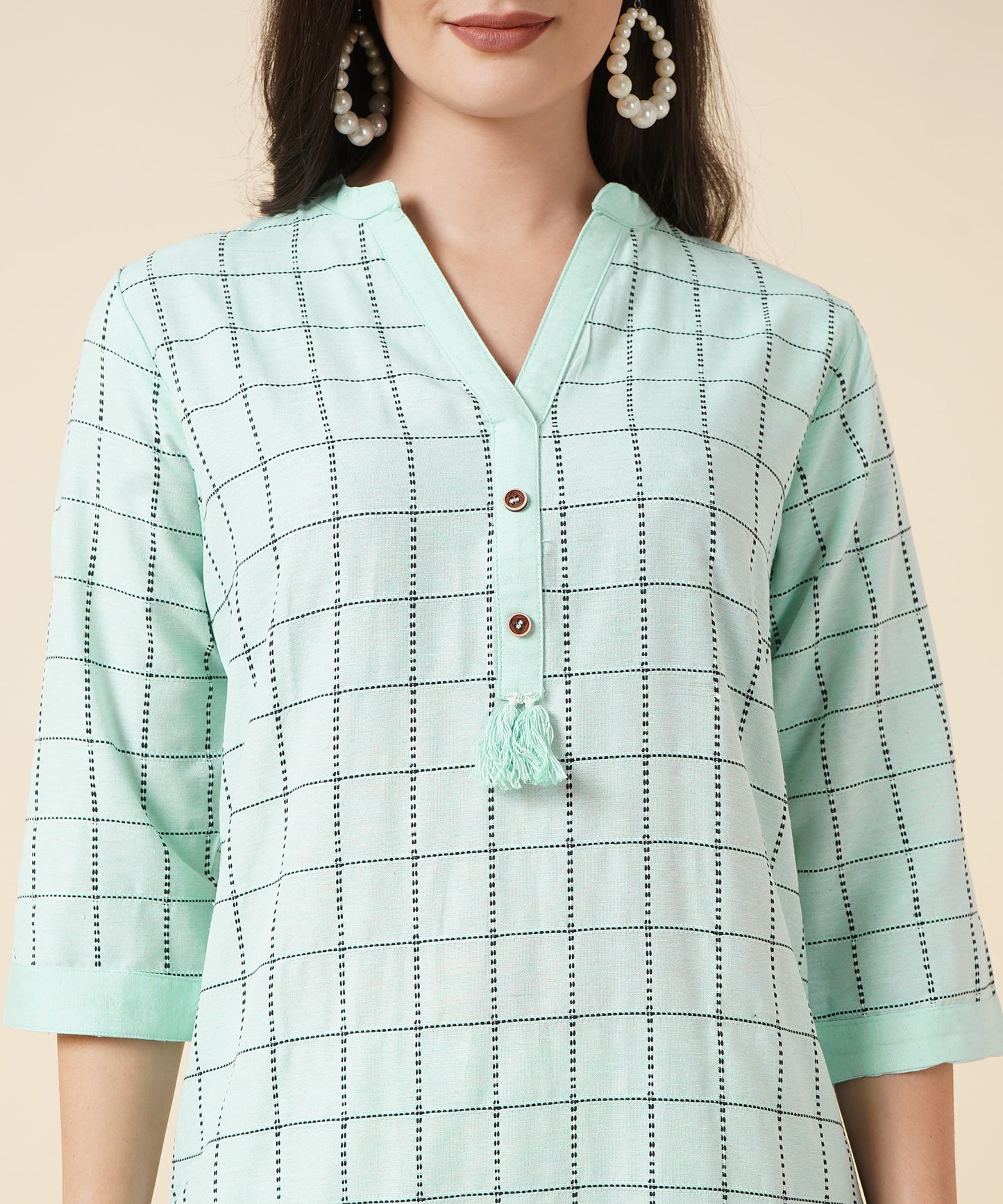 Ethnic Kurta Set With Pants, Check Design Pattern, Blue