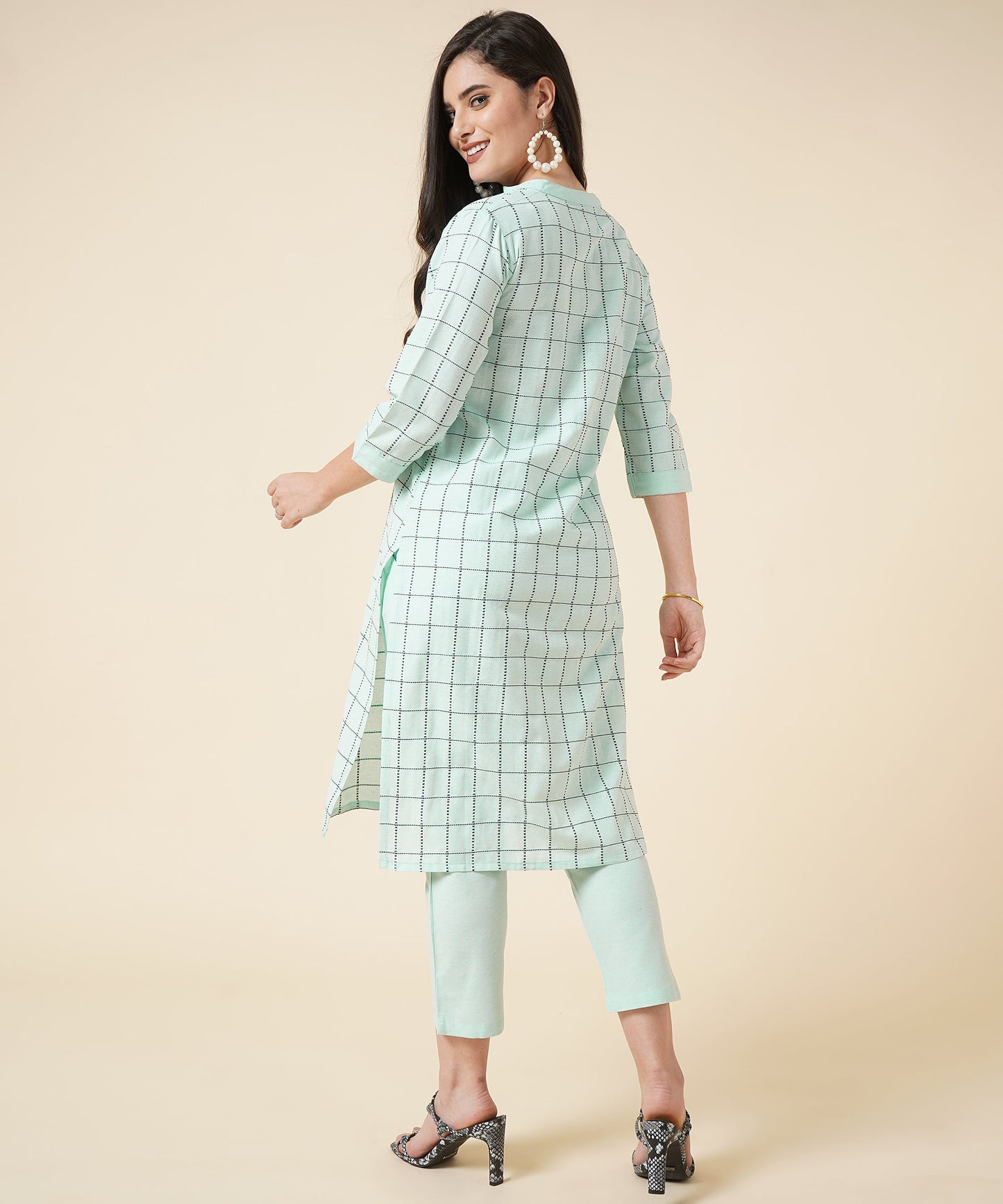 Ethnic Kurta Set With Pants, Check Design Pattern, Blue