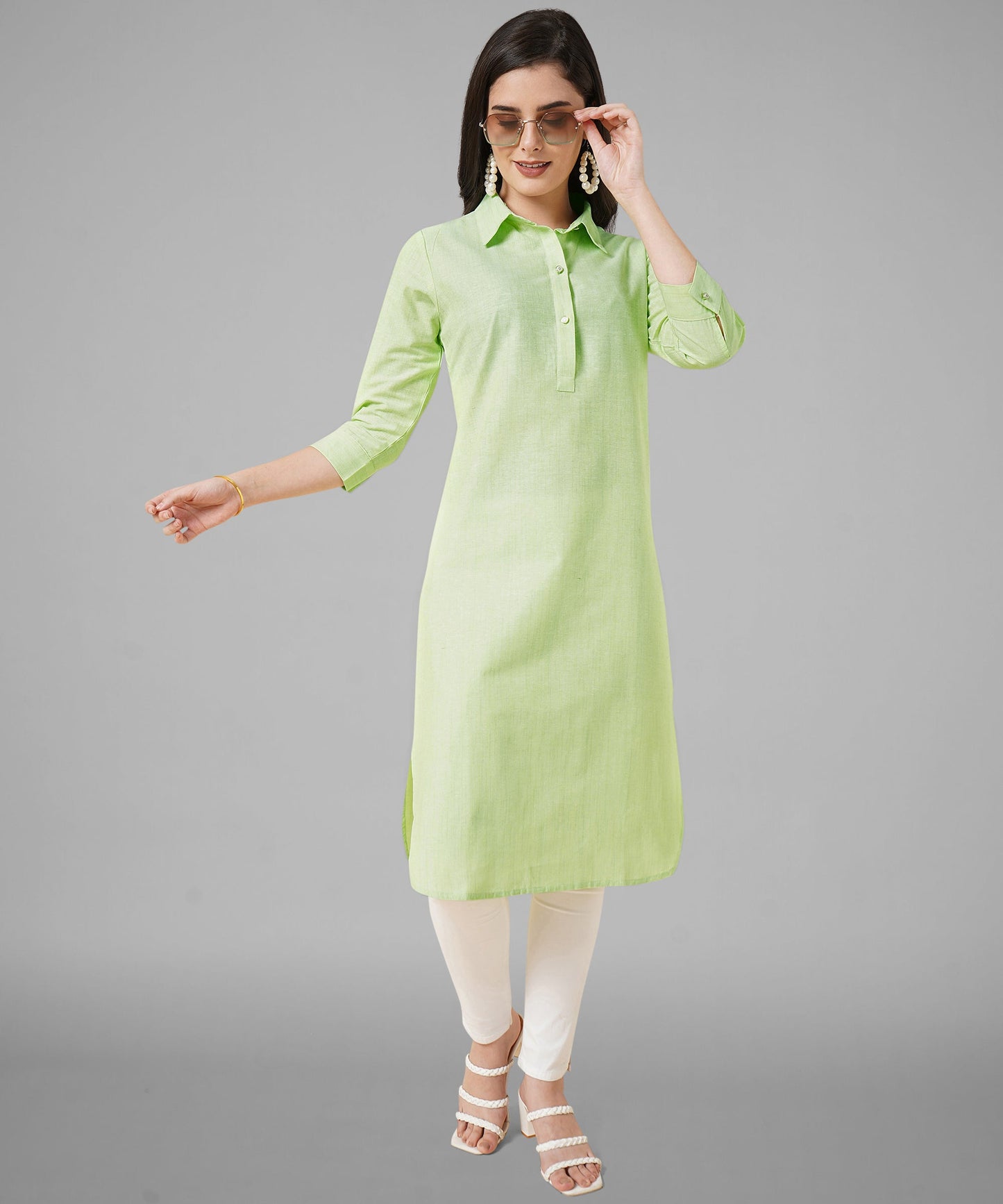 Cotton Kurta For Women Collar Design Pattern with Button Style, Green