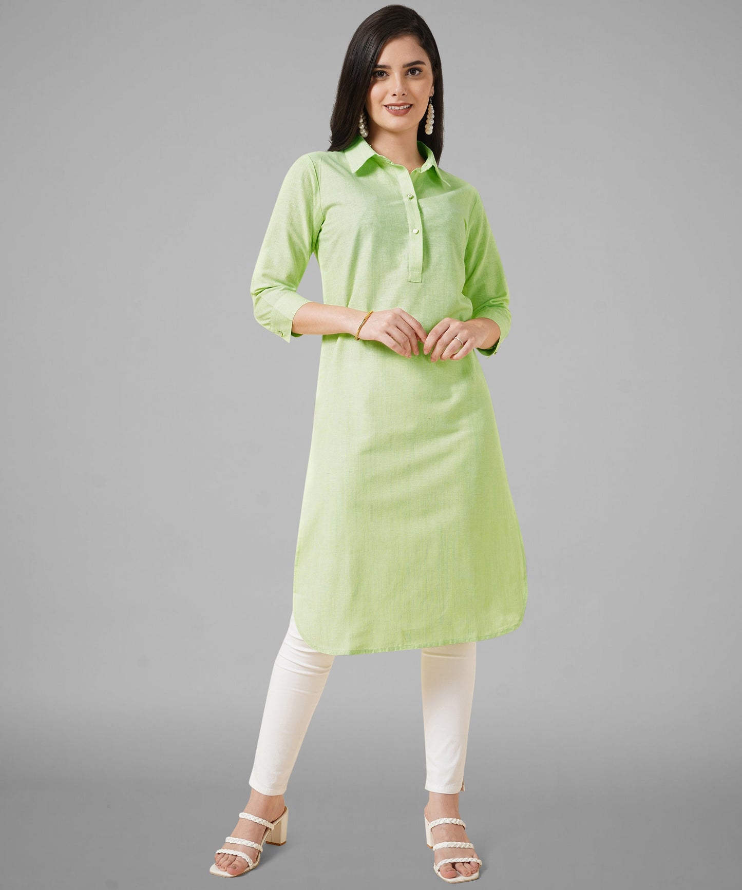 Cotton Kurta For Women Collar Design Pattern with Button Style, Green