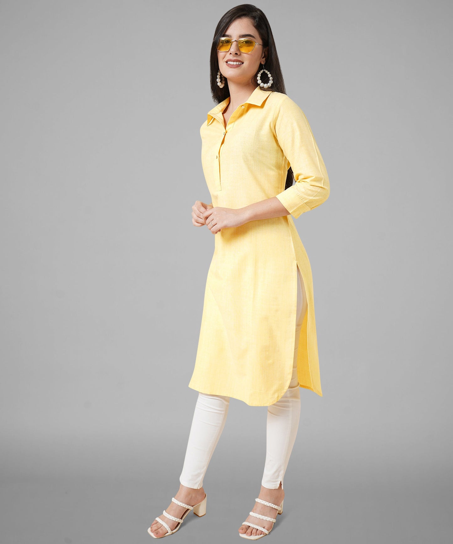 Cotton Kurta Collar Design Pattern with Button Style, Yellow
