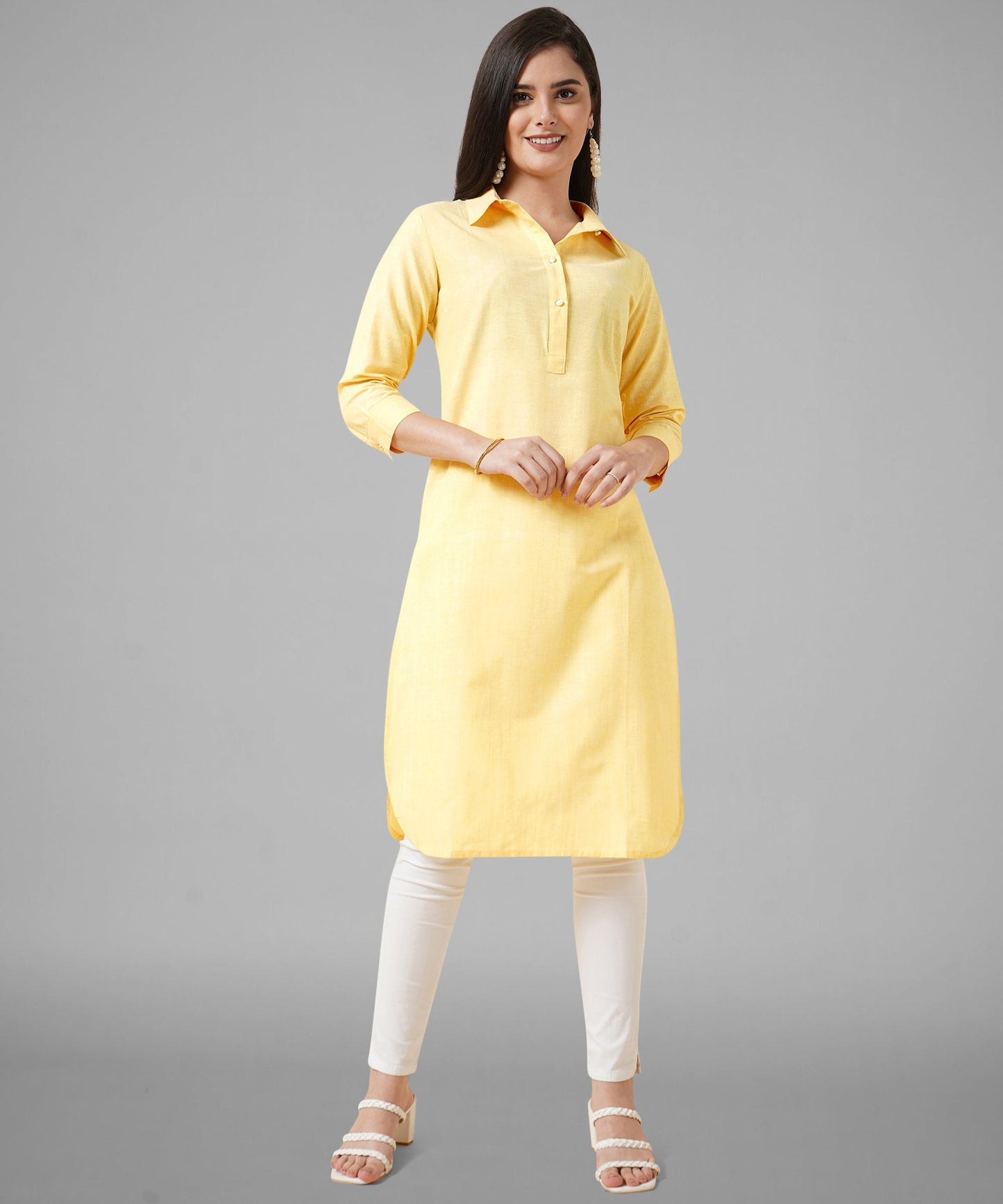 Cotton Kurta Collar Design Pattern with Button Style, Yellow