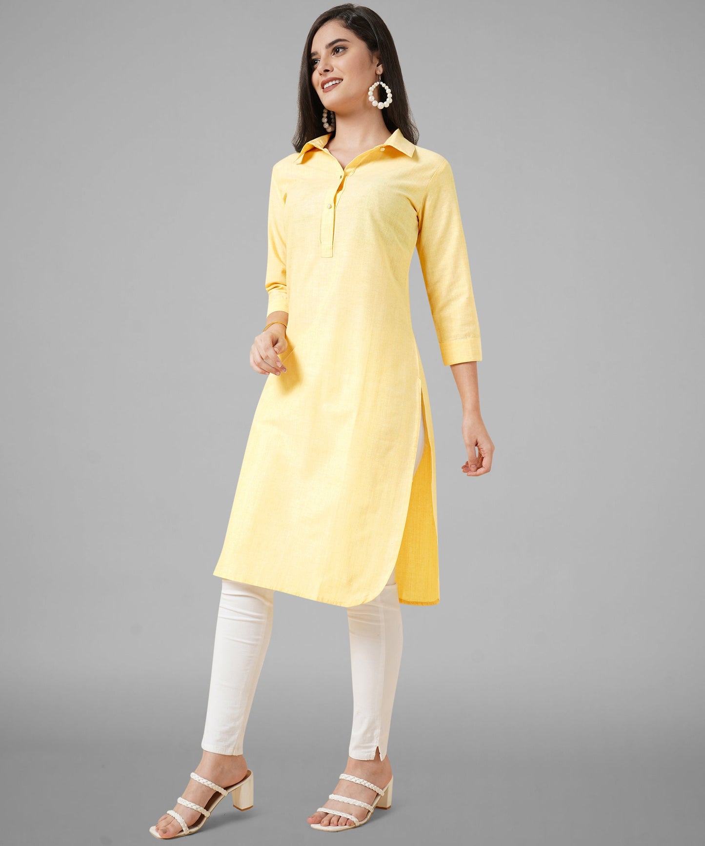 Cotton Kurta Collar Design Pattern with Button Style, Yellow