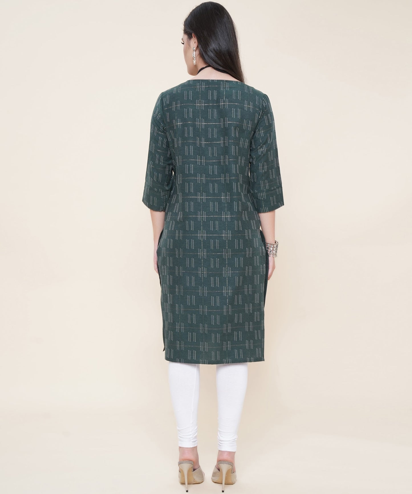 Cotton Self Weaved Kurta Design with Golden Button, Green