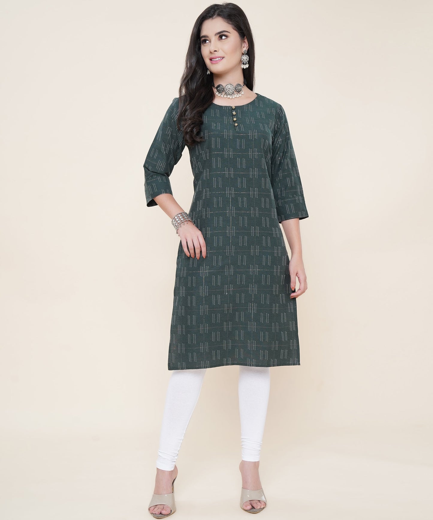 Cotton Self Weaved Kurta Design with Golden Button, Green