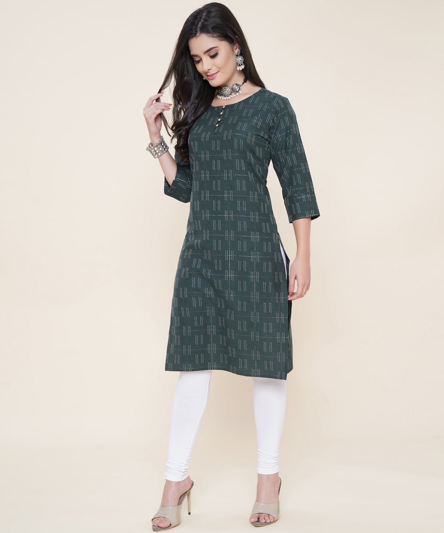 Cotton Self Weaved Kurta Design with Golden Button, Green