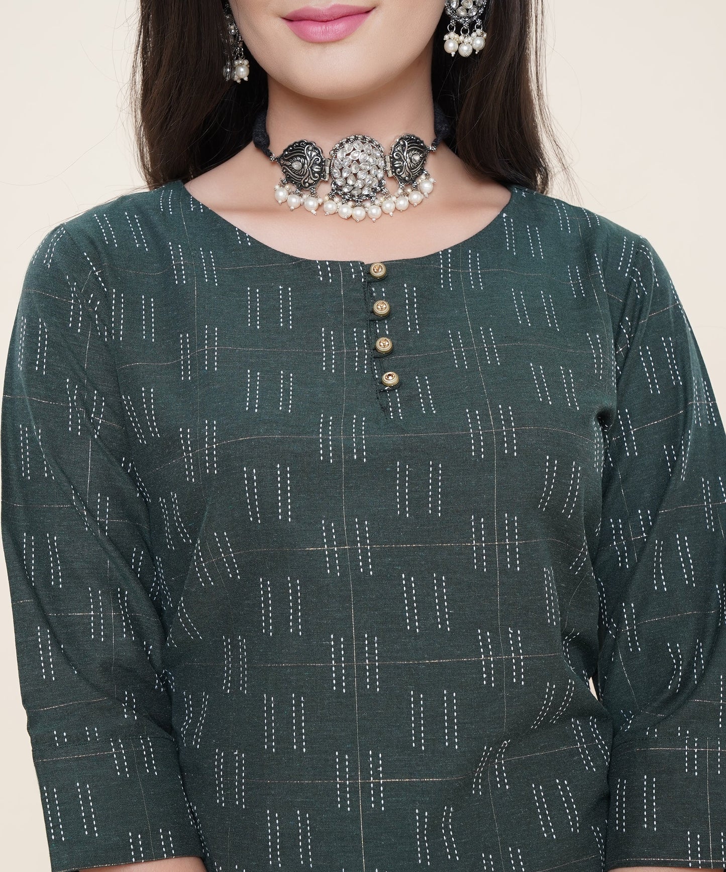 Cotton Self Weaved Kurta Design with Golden Button, Green