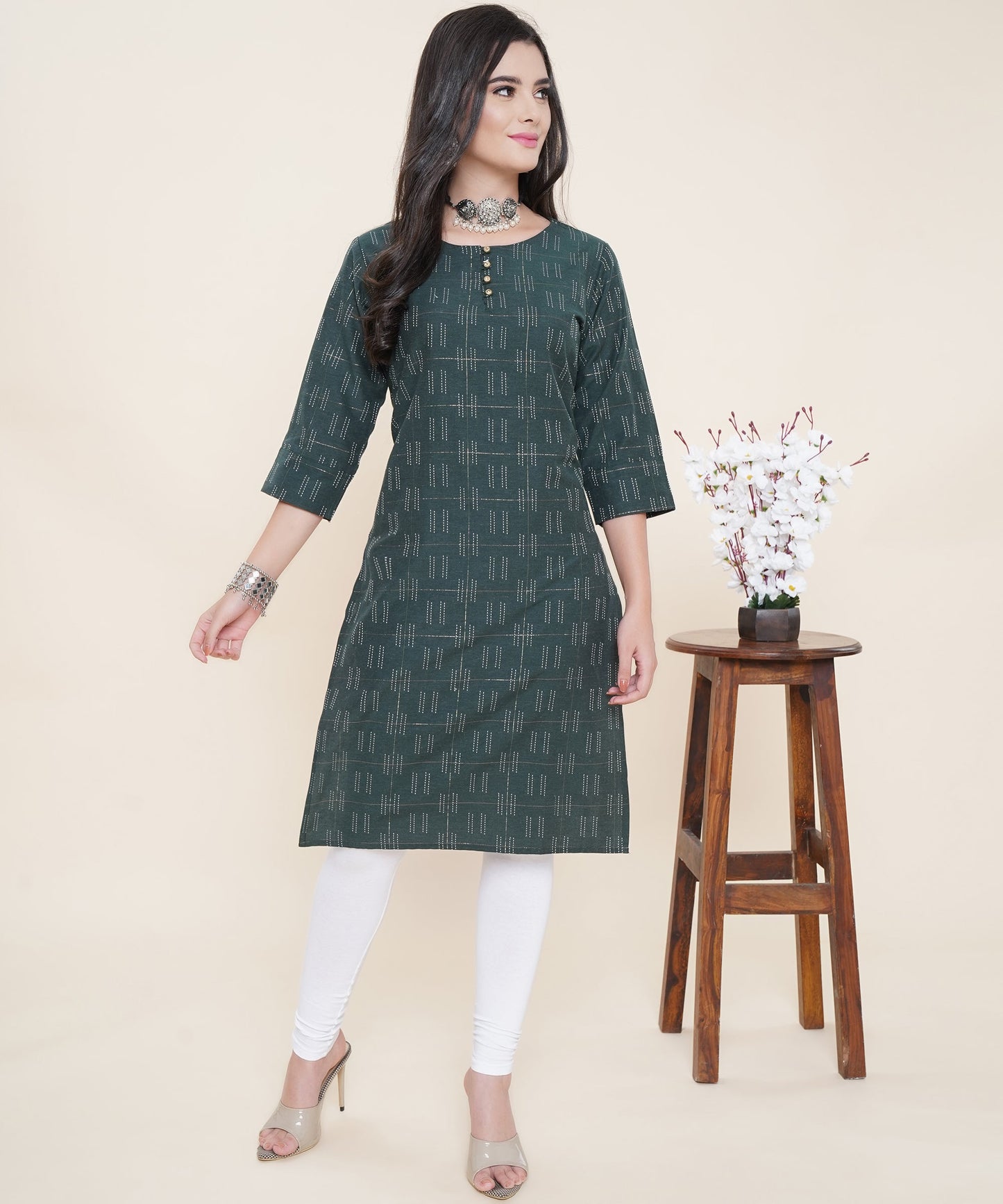 Cotton Self Weaved Kurta Design with Golden Button, Green