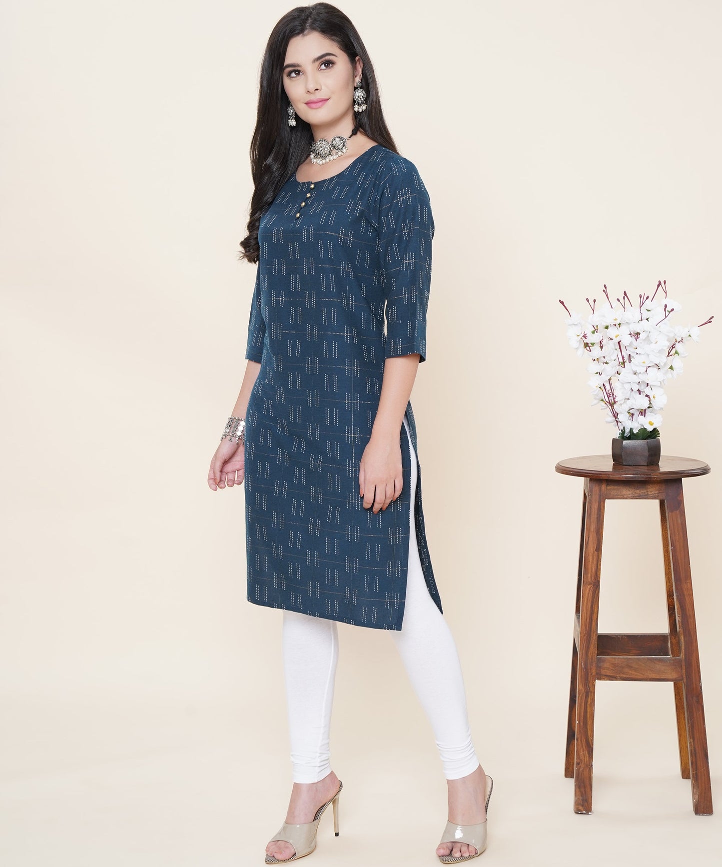 Cotton Self Weaved Kurta Design with Golden Button, Blue