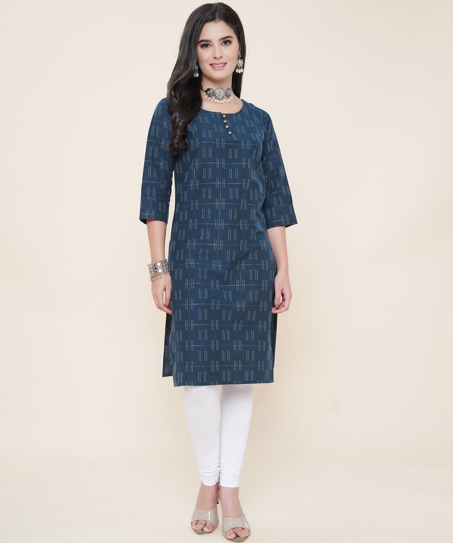 Cotton Self Weaved Kurta Design with Golden Button, Blue