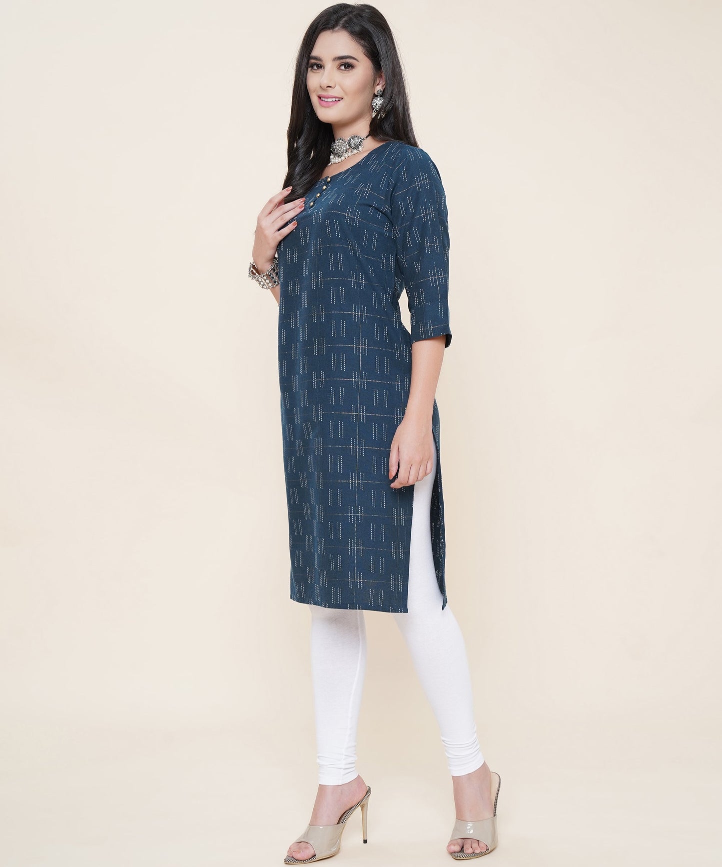 Cotton Self Weaved Kurta Design with Golden Button, Blue