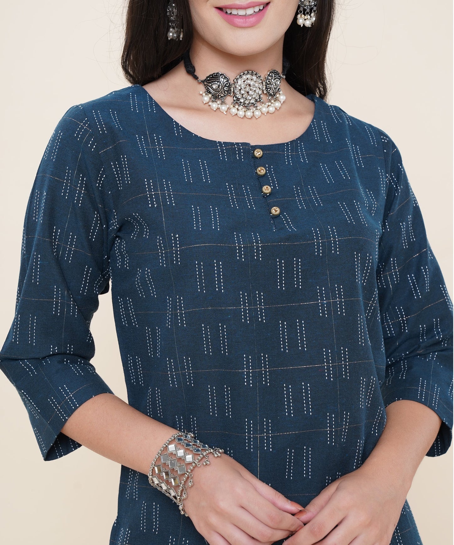 Cotton Self Weaved Kurta Design with Golden Button, Blue