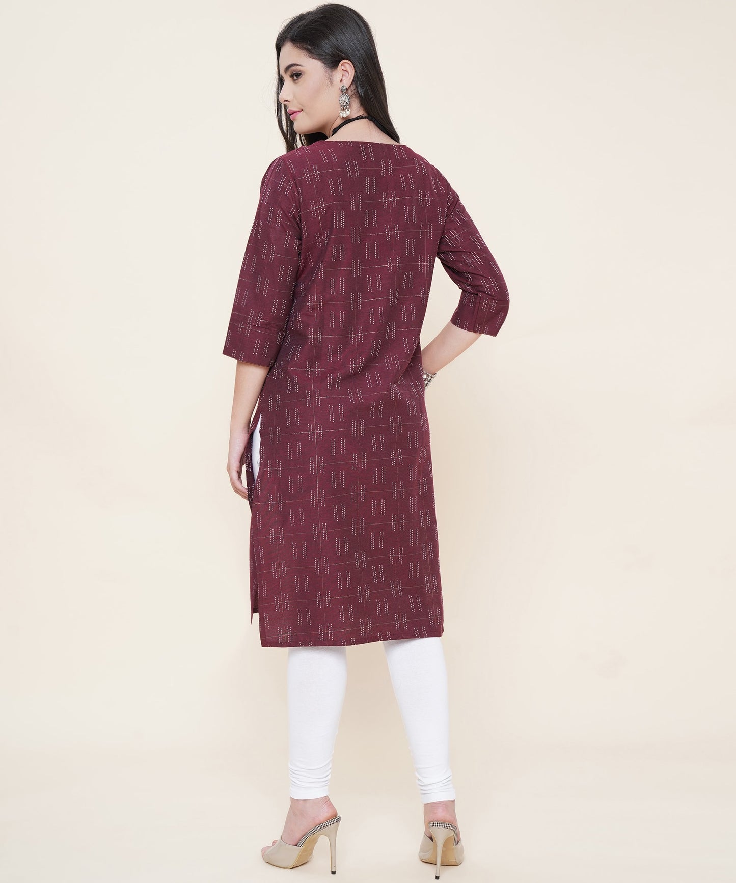 Cotton Self Weaved Kurta Design with Golden Button, Maroon