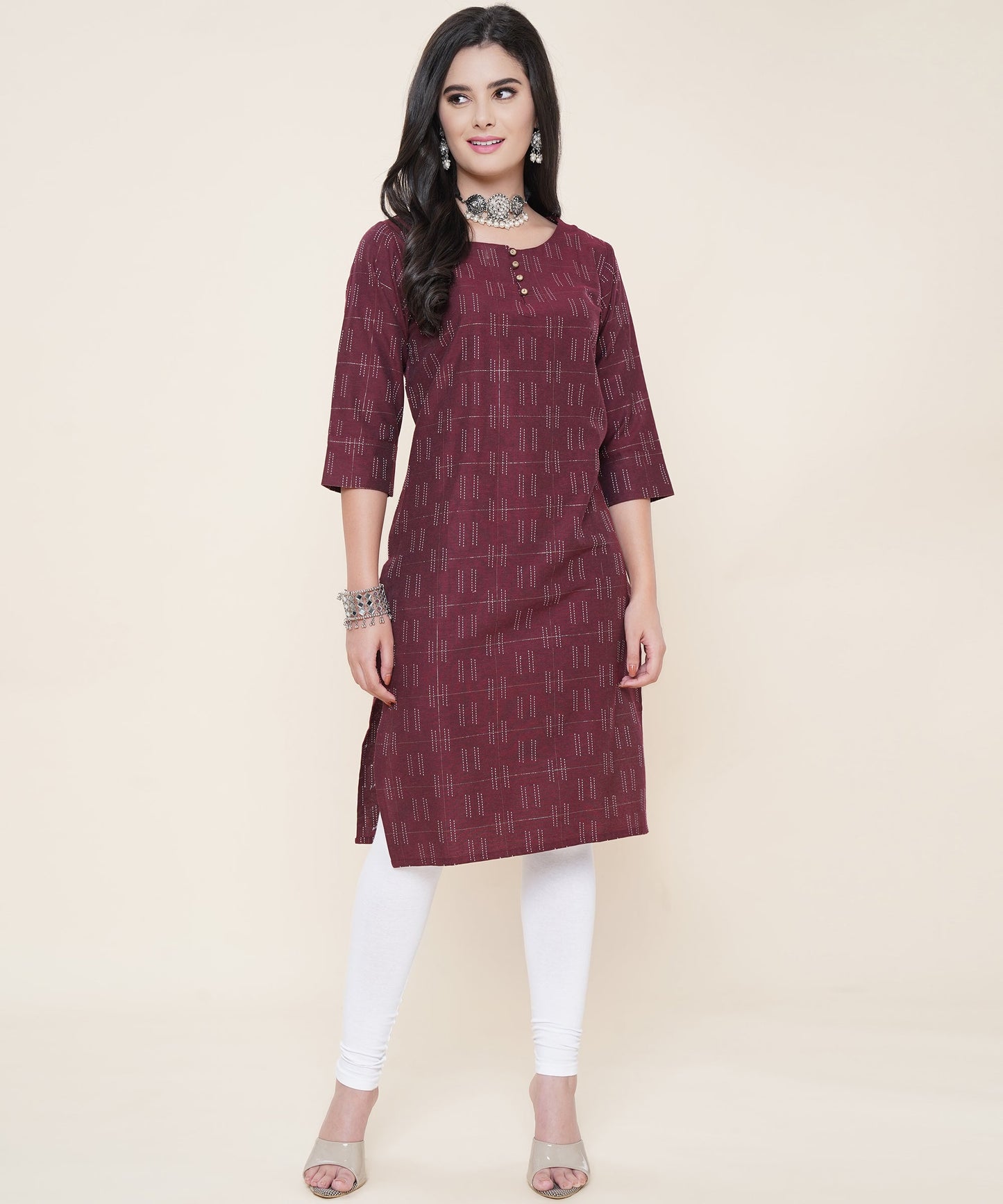 Cotton Self Weaved Kurta Design with Golden Button, Maroon