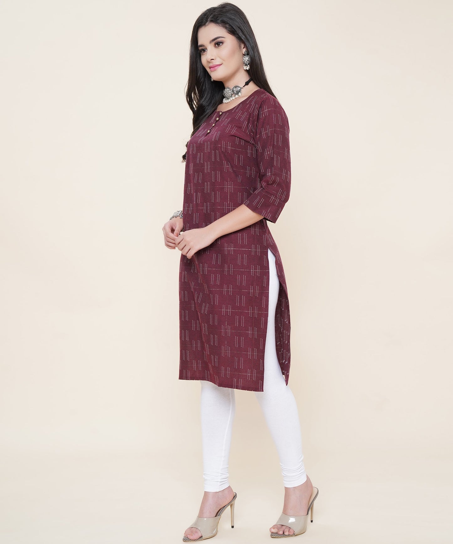 Cotton Self Weaved Kurta Design with Golden Button, Maroon