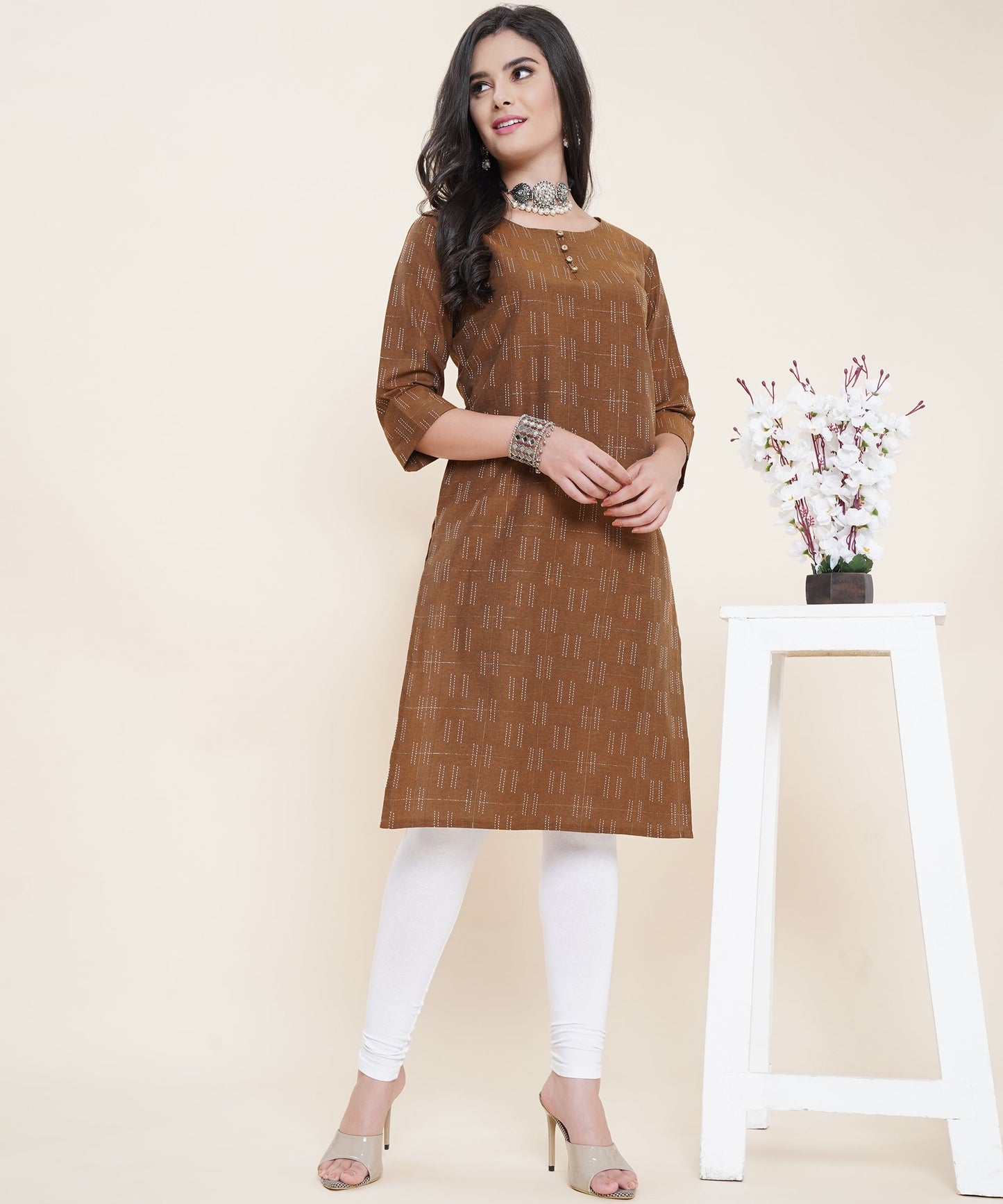 Cotton Self Weaved Kurta Design with Golden Button, Brown