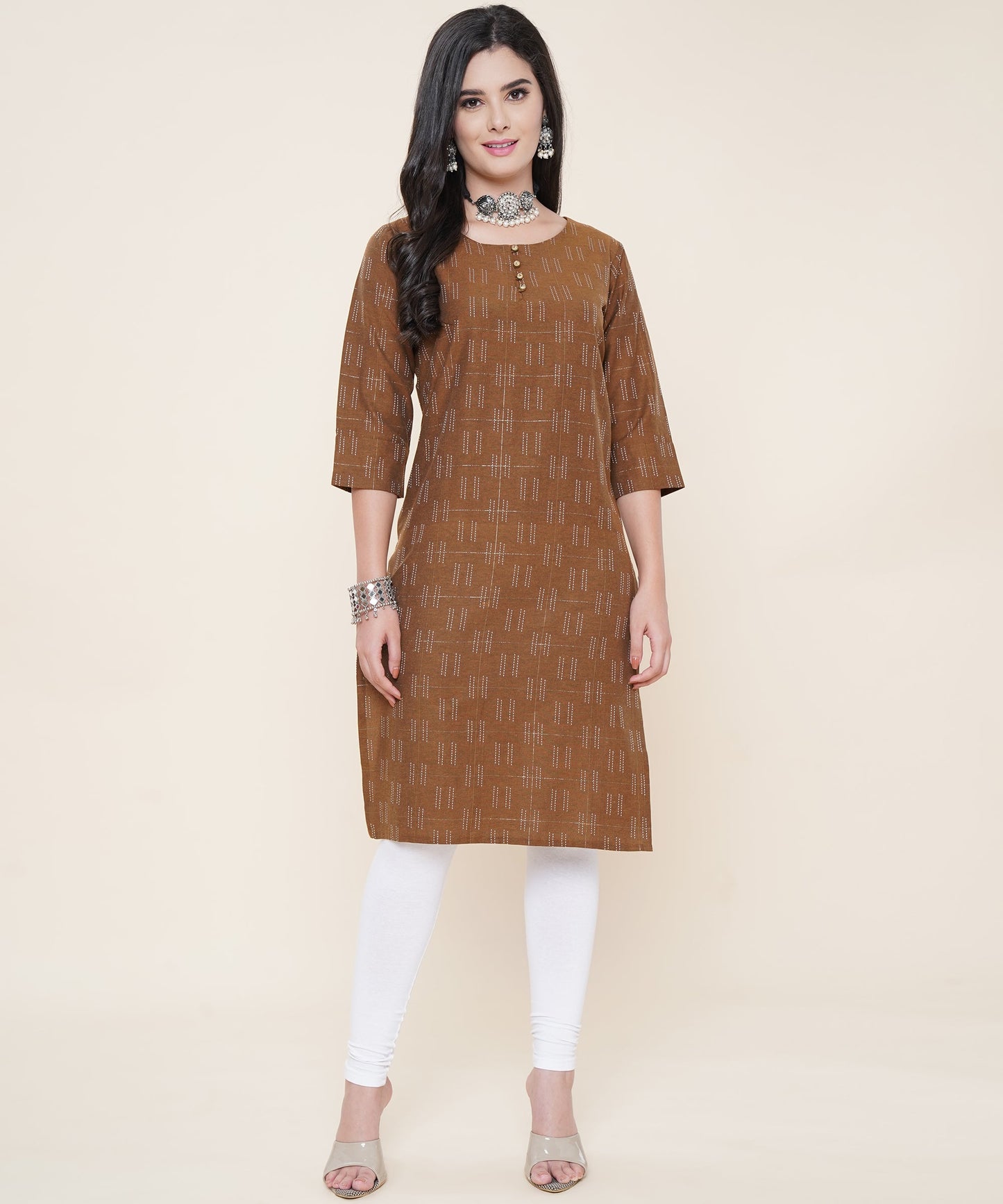 Cotton Self Weaved Kurta Design with Golden Button, Brown