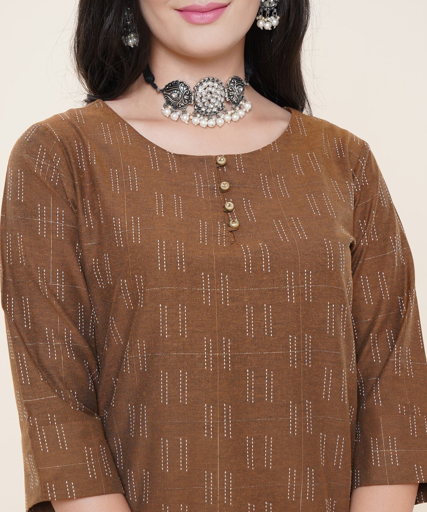 Cotton Self Weaved Kurta Design with Golden Button, Brown