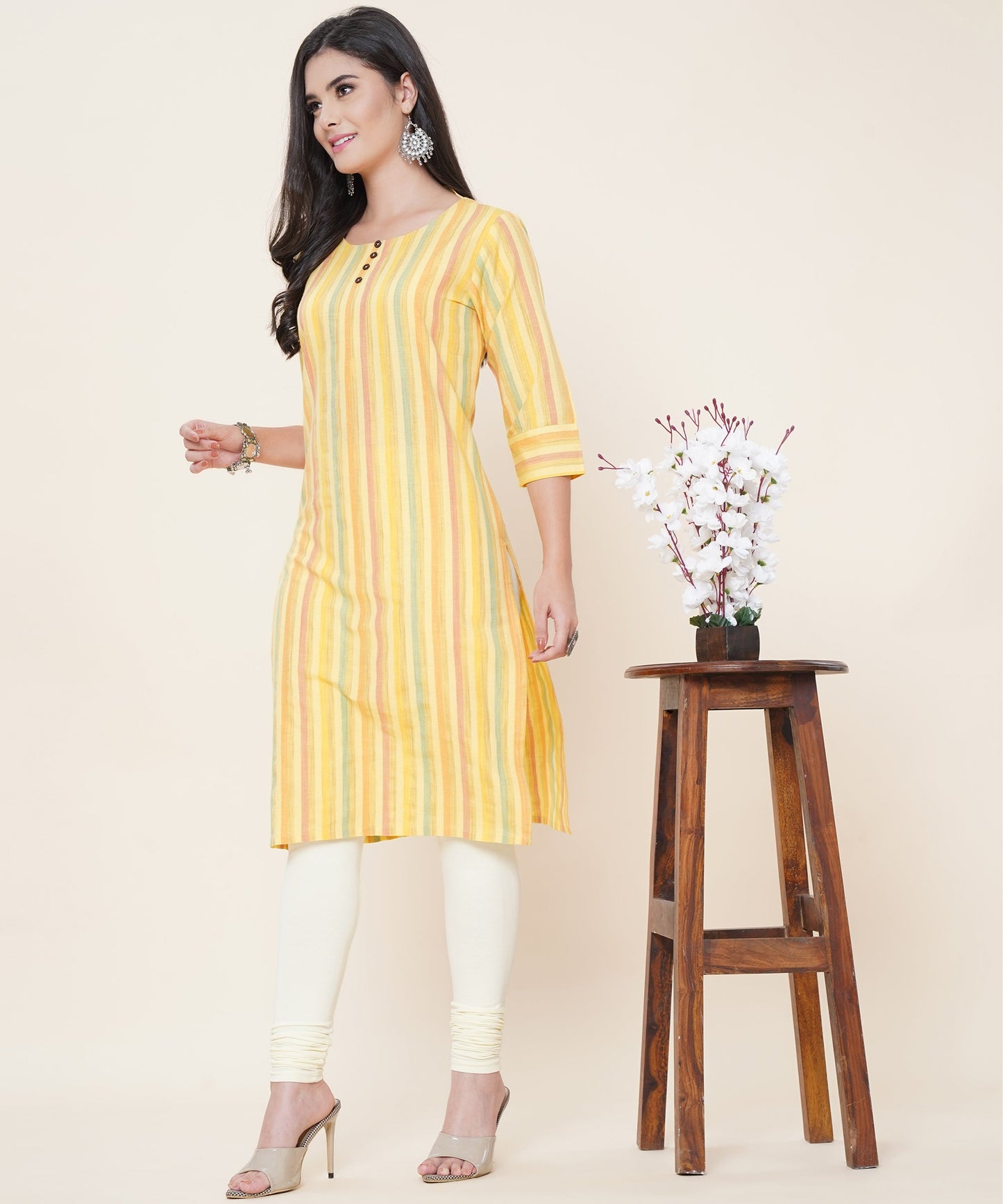 Cotton Self Weaved Multi Strip Kurta Design, Yellow
