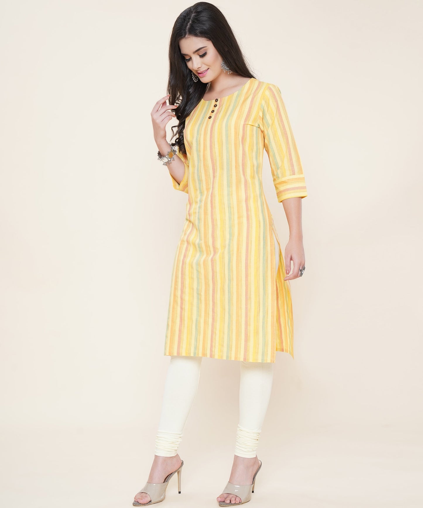 Cotton Self Weaved Multi Strip Kurta Design, Yellow