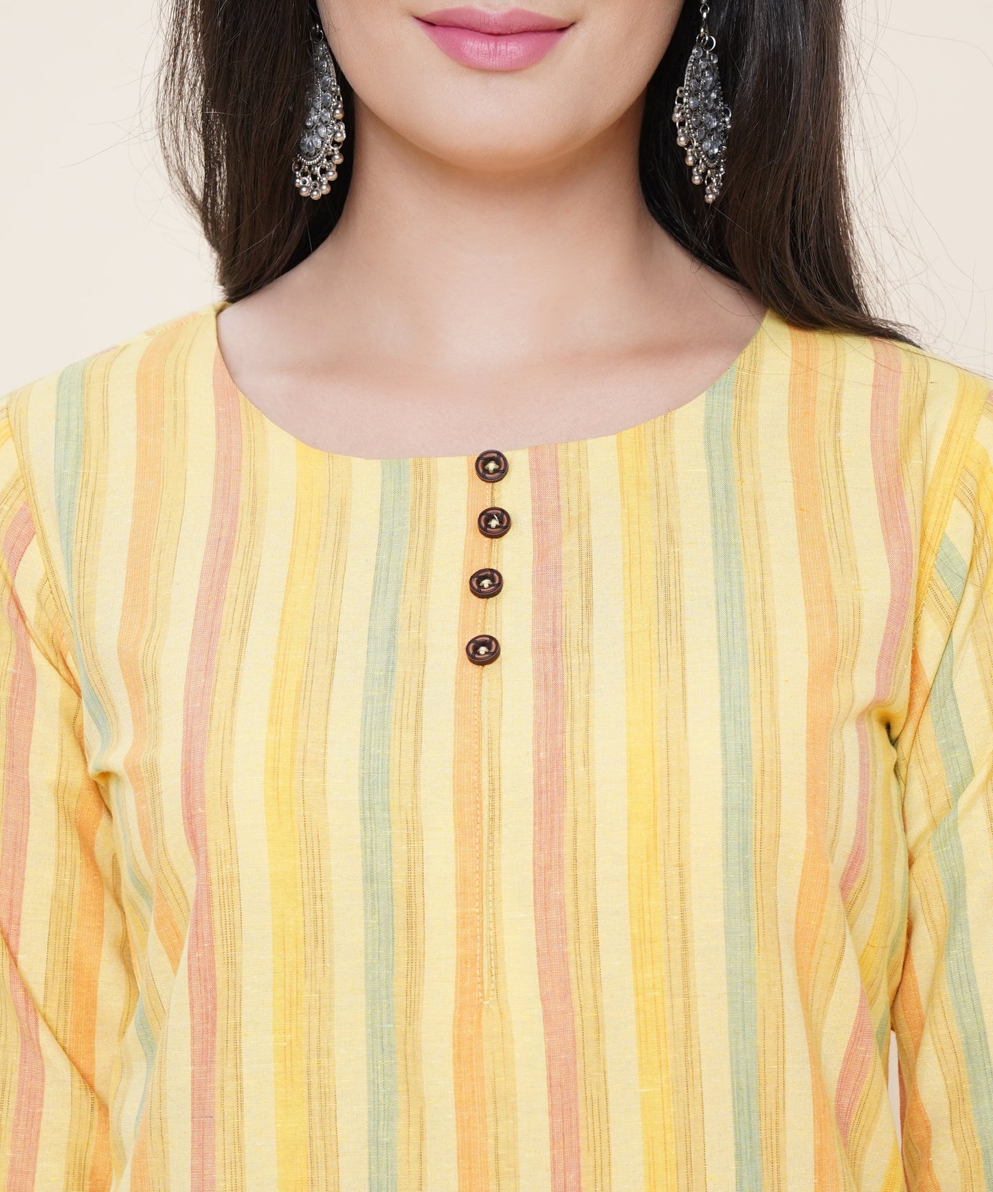 Cotton Self Weaved Multi Strip Kurta Design, Yellow