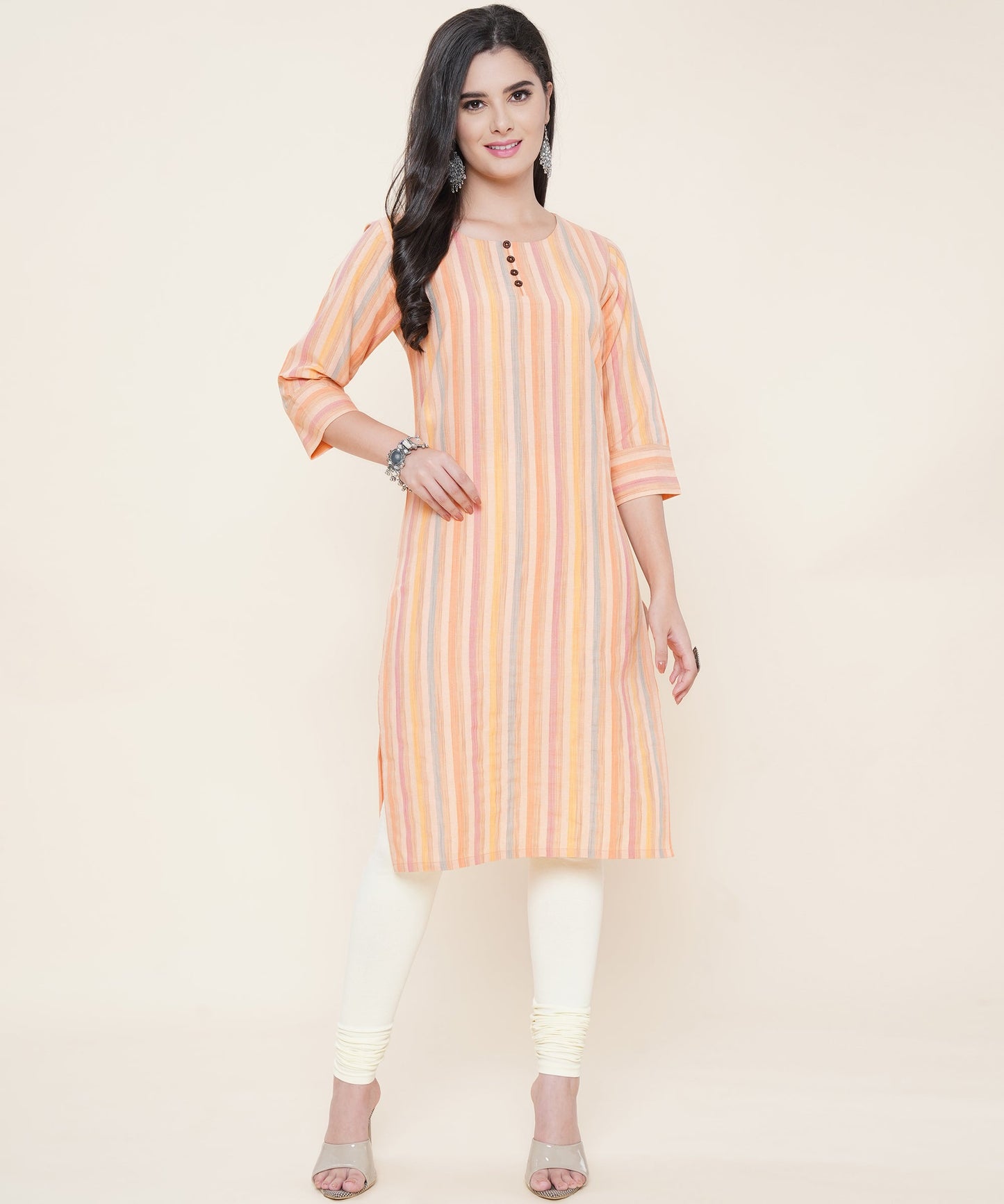 Women Cotton Multicolour Strip Pattern Round Neck Style with Buttons 3/4th Sleeves (Color:-Orange)