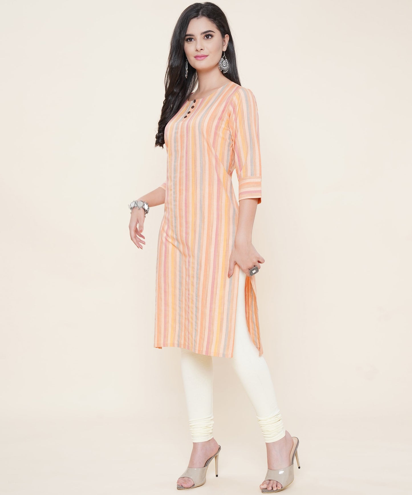 Women Cotton Multicolour Strip Pattern Round Neck Style with Buttons 3/4th Sleeves (Color:-Orange)