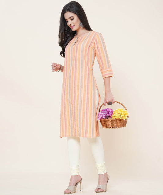 Women Cotton Multicolour Strip Pattern Round Neck Style with Buttons 3/4th Sleeves (Color:-Orange)