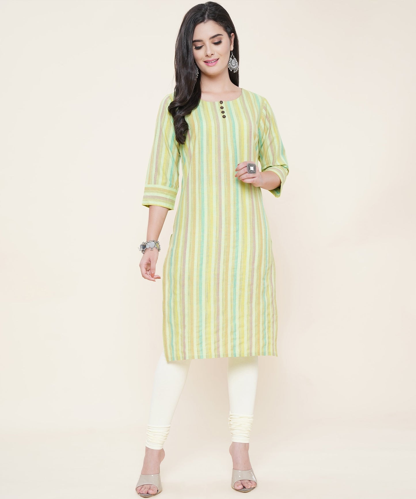 Women Cotton Multicolour Strip Pattern Round Neck Style with Buttons 3/4th Sleeves (Color:-Green)
