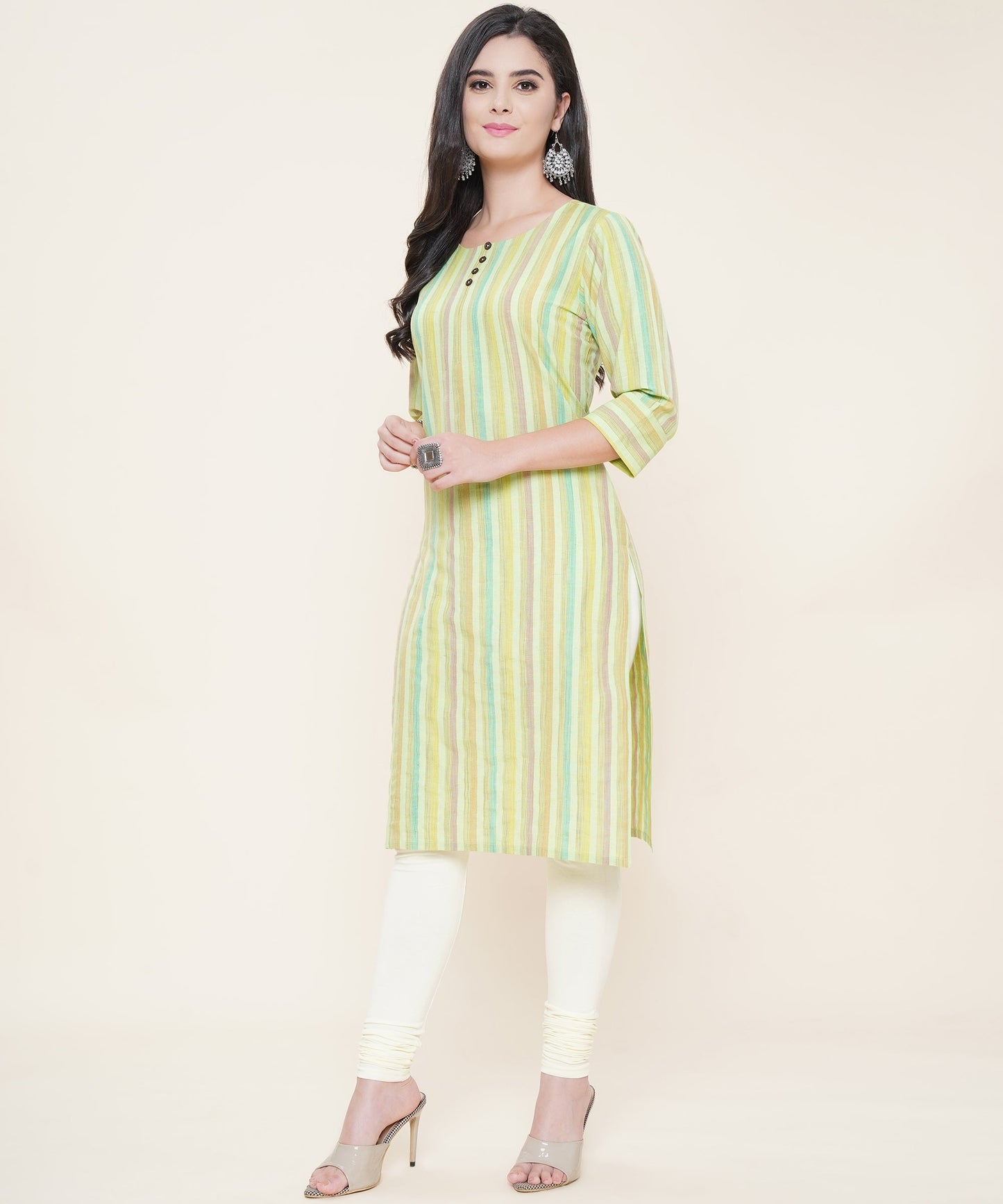 Women Cotton Multicolour Strip Pattern Round Neck Style with Buttons 3/4th Sleeves (Color:-Green)