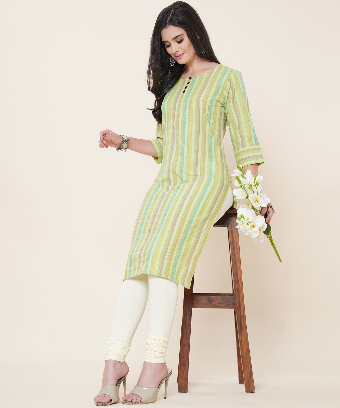 Women Cotton Multicolour Strip Pattern Round Neck Style with Buttons 3/4th Sleeves (Color:-Green)