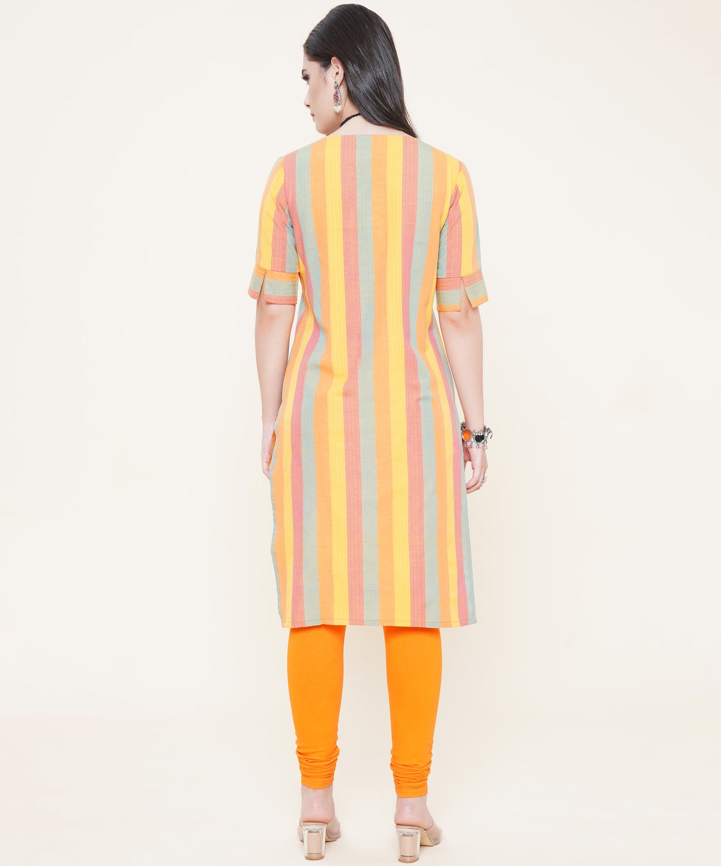 Cotton Self Weaved Multi Colour Striped Kurta Design, Yellow