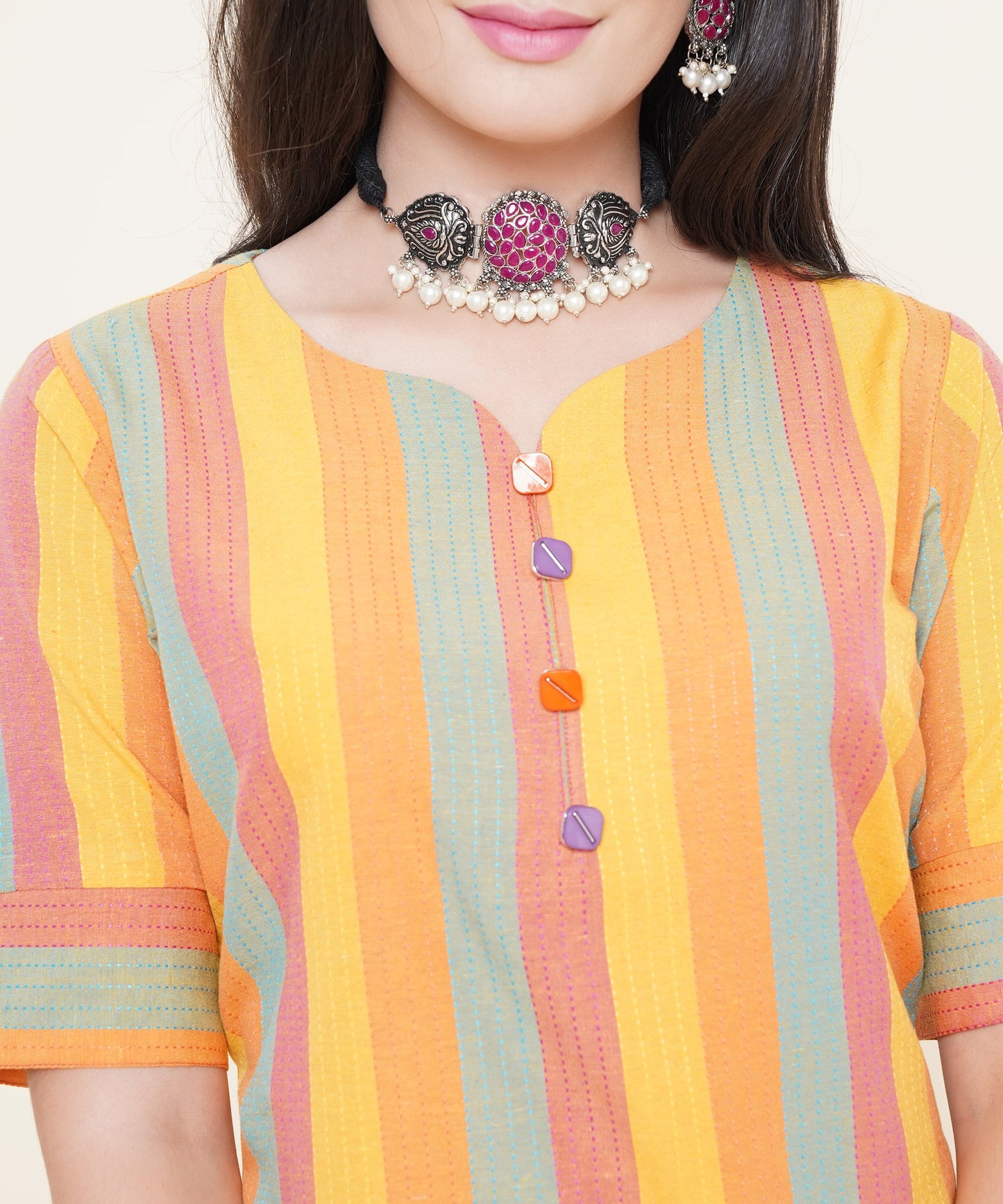 Cotton Self Weaved Multi Colour Striped Kurta Design, Yellow