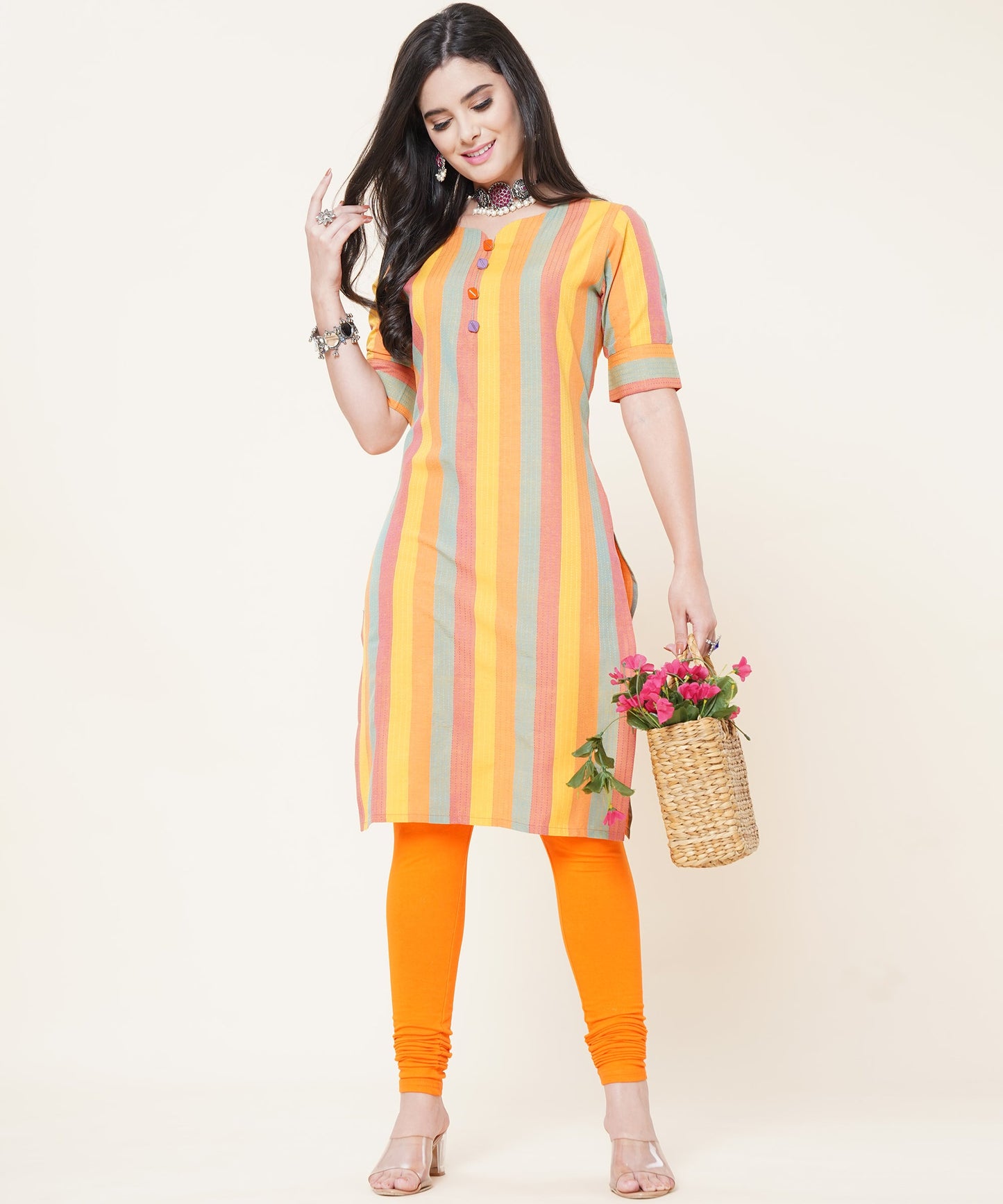 Cotton Self Weaved Multi Colour Striped Kurta Design, Yellow