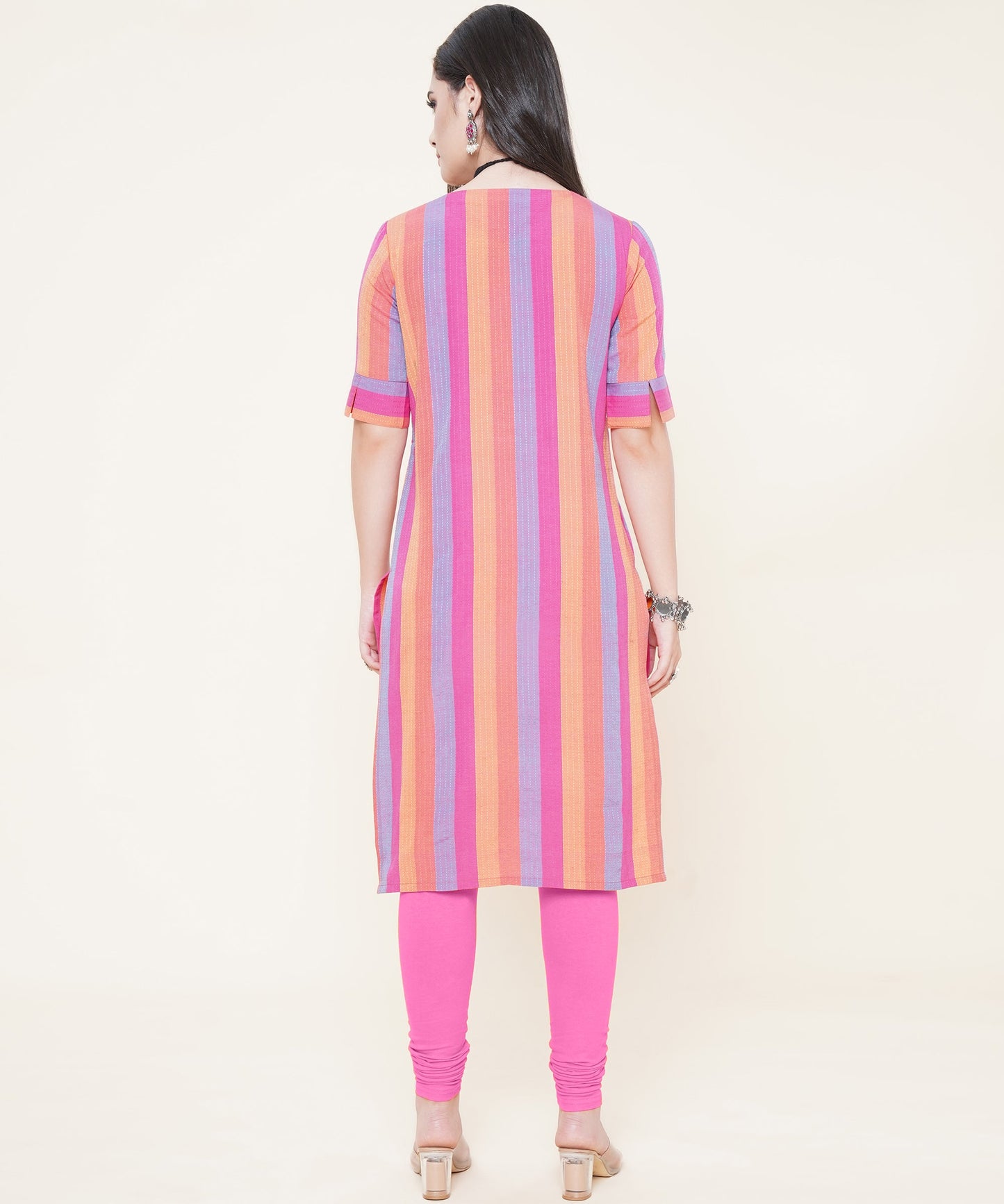Cotton Self Weaved Multi Colour Striped Kurta, Pink