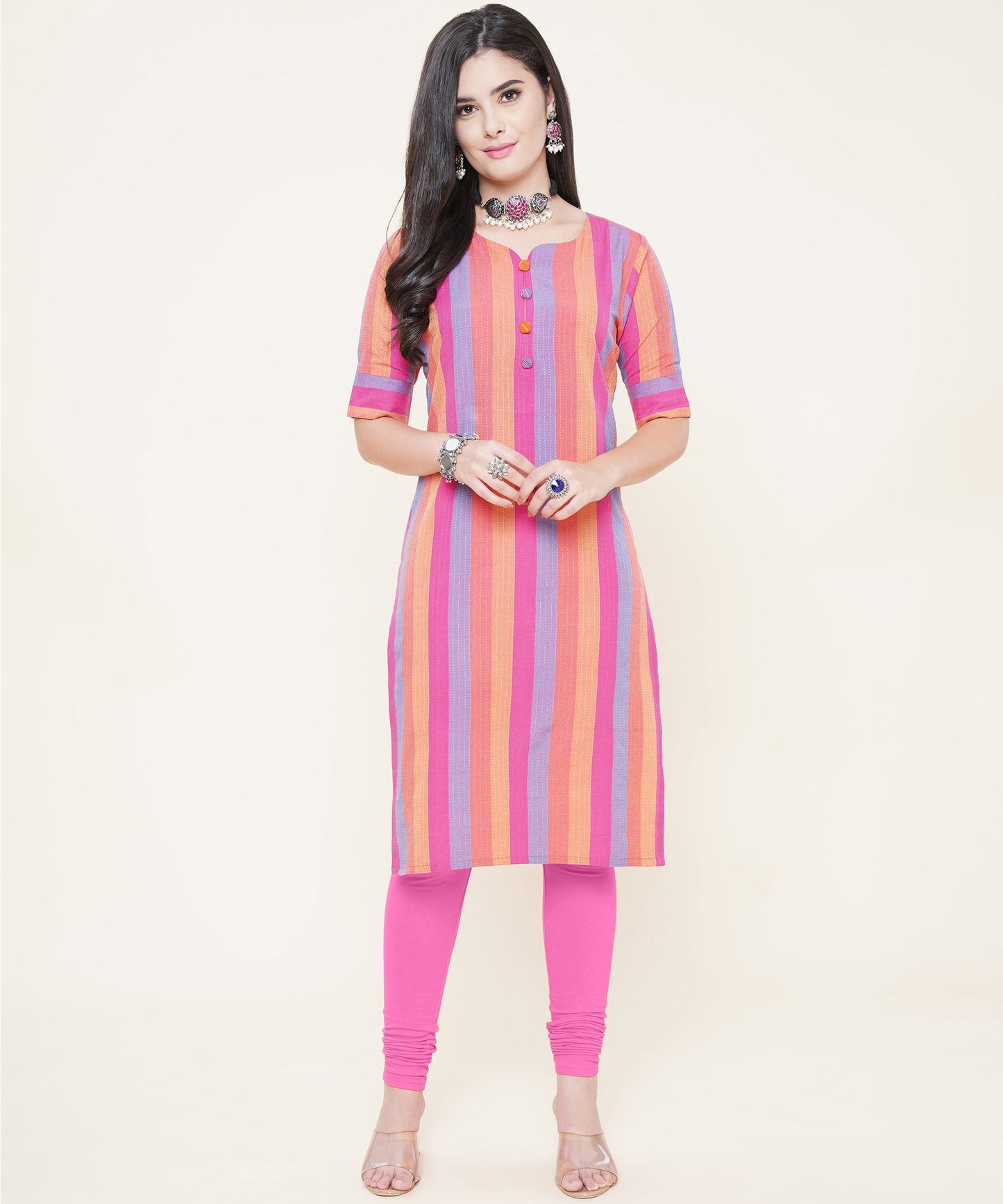 Cotton Self Weaved Multi Colour Striped Kurta, Pink