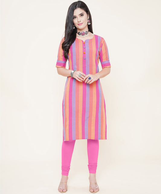 Cotton Self Weaved Multi Colour Striped Kurta, Pink