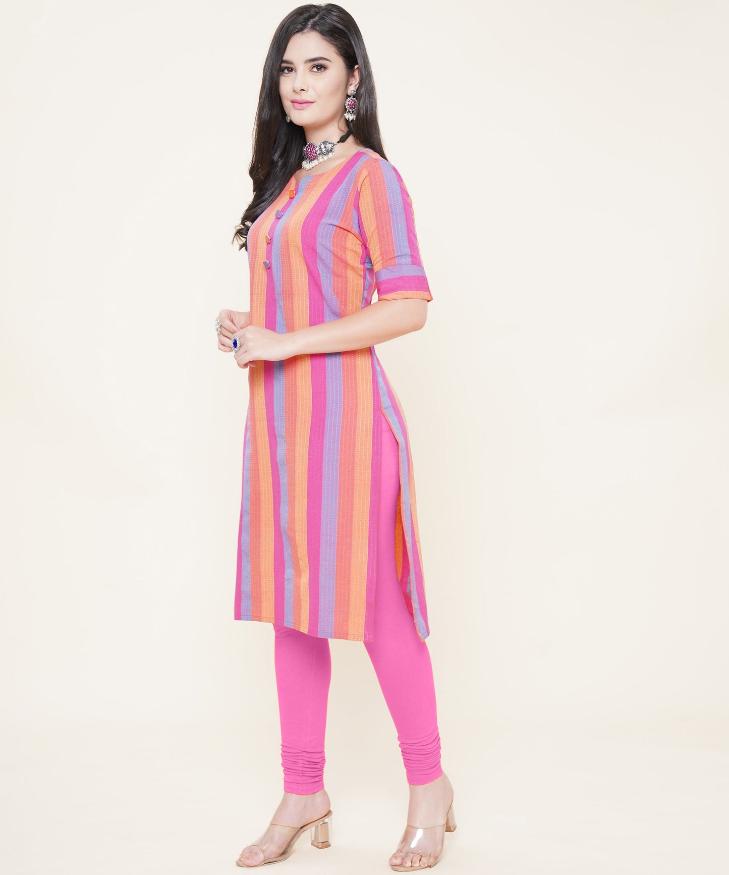 Cotton Self Weaved Multi Colour Striped Kurta, Pink