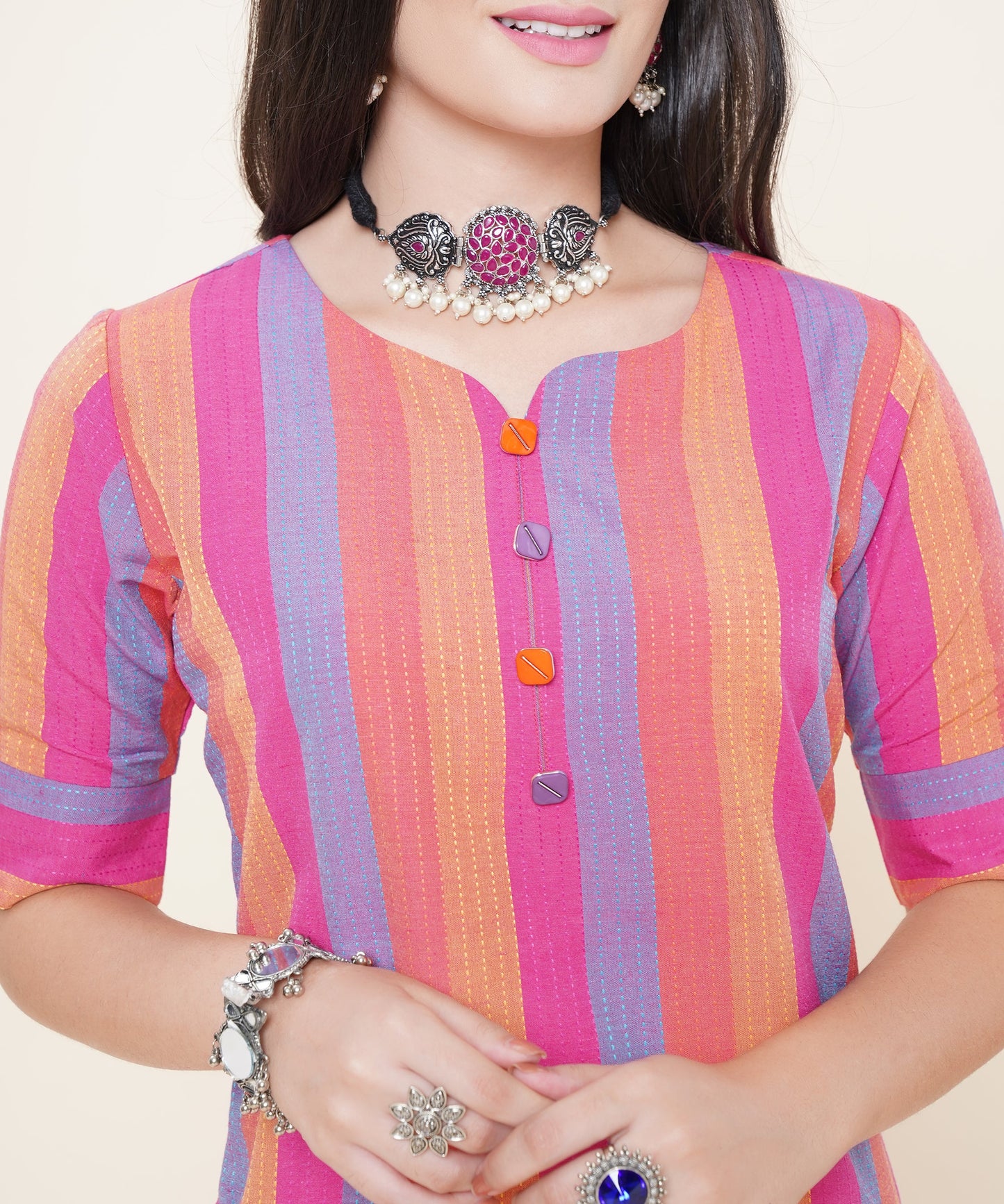 Cotton Self Weaved Multi Colour Striped Kurta, Pink