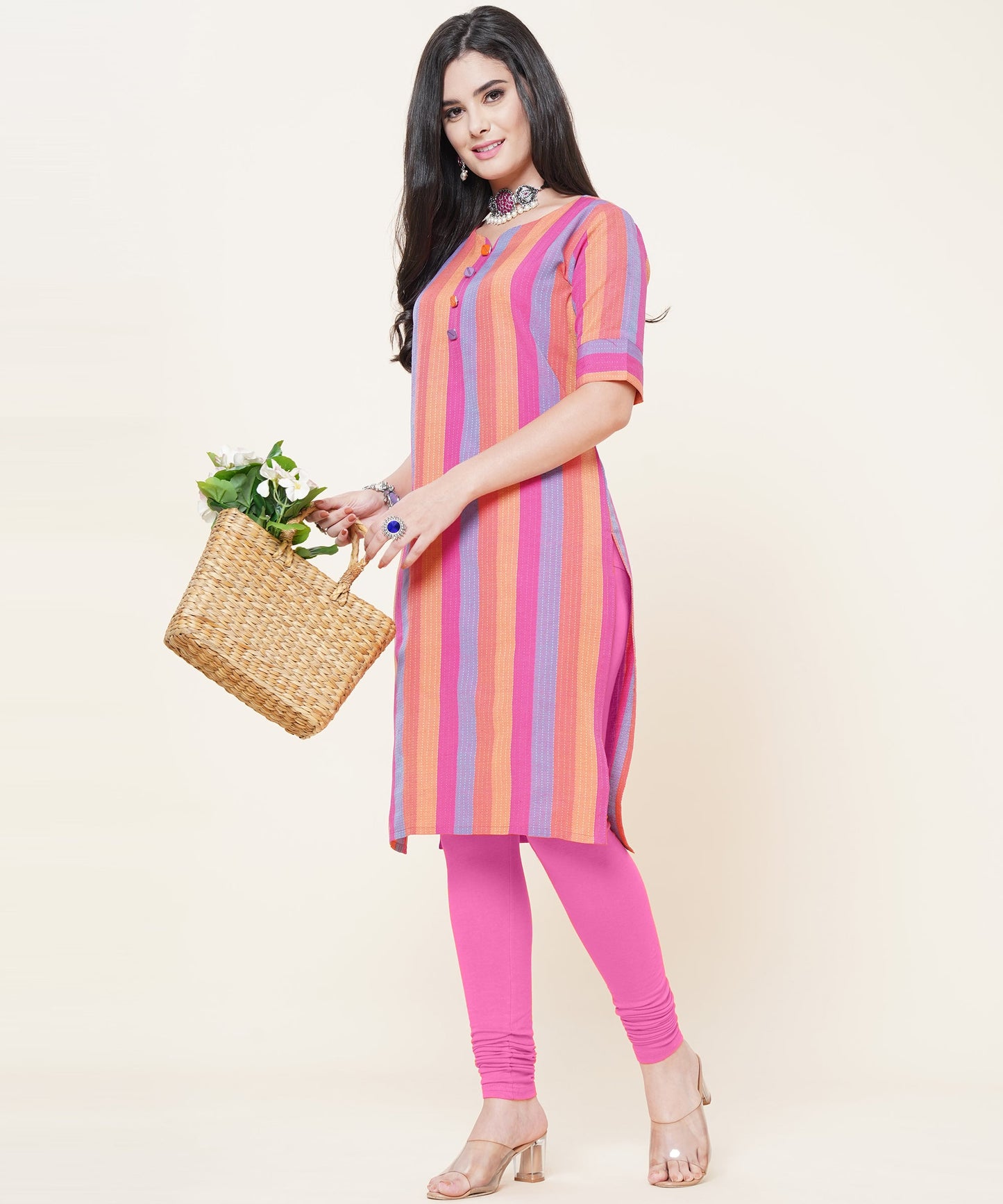 Cotton Self Weaved Multi Colour Striped Kurta, Pink