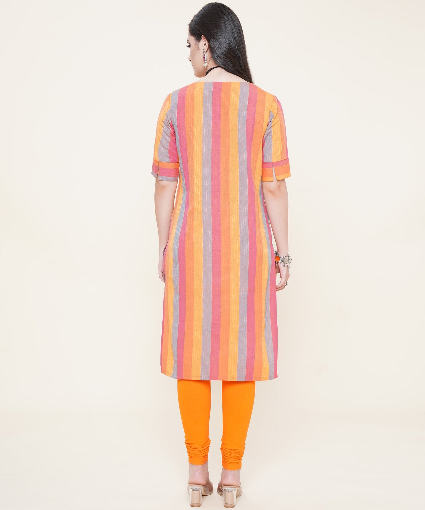 Cotton Self Weaved Multi Colour Striped Kurta, Orange