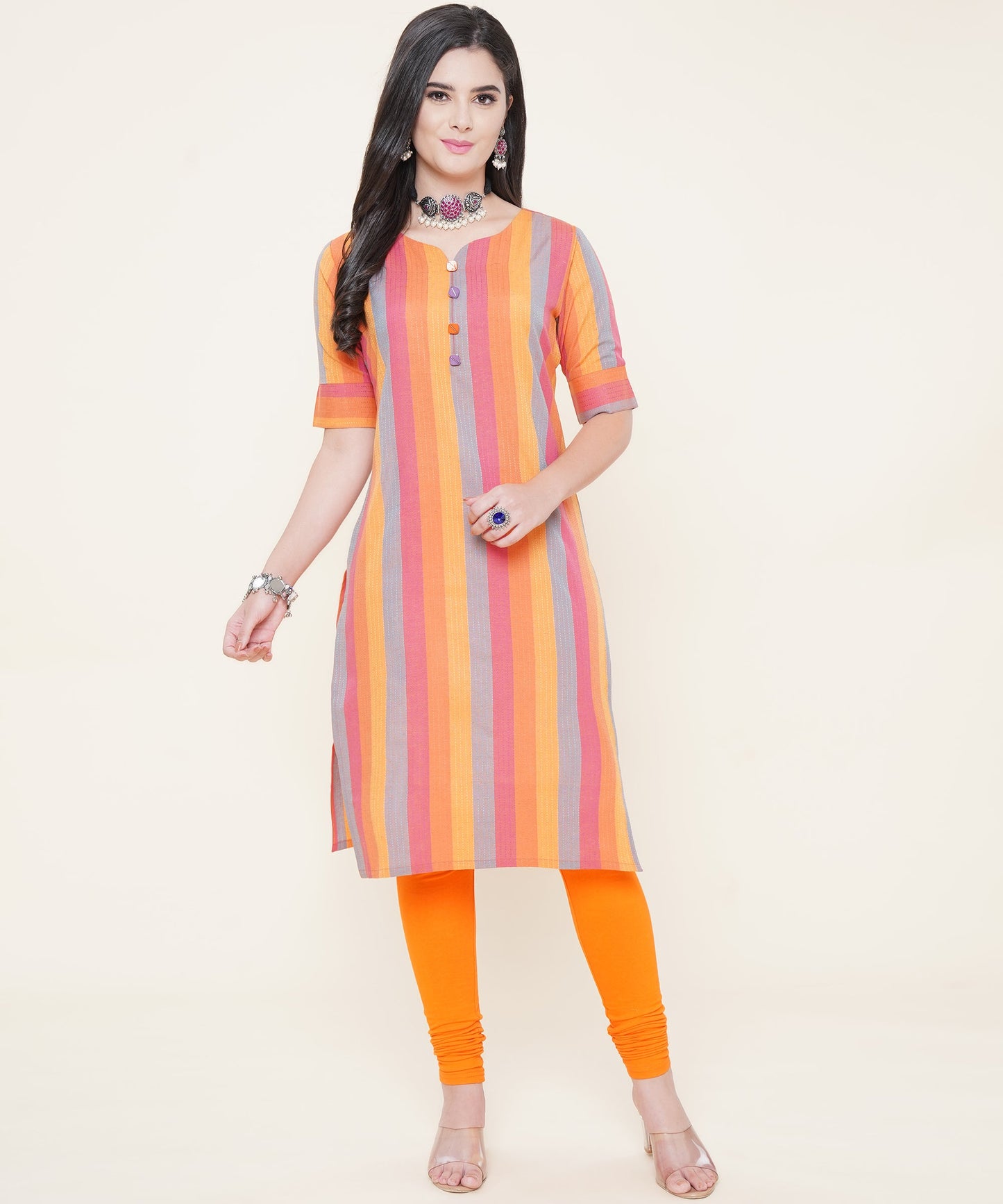 Cotton Self Weaved Multi Colour Striped Kurta, Orange