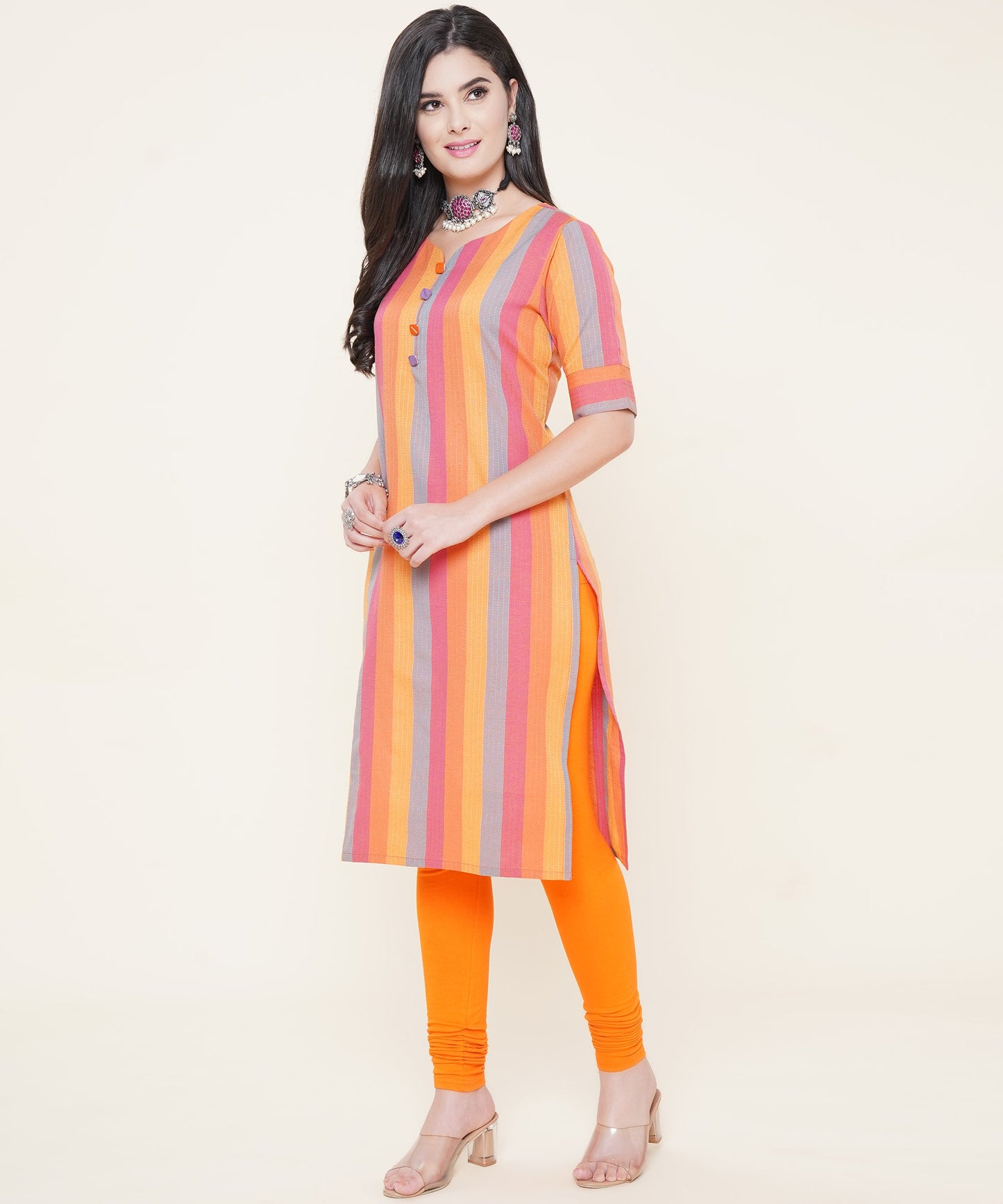Cotton Self Weaved Multi Colour Striped Kurta, Orange