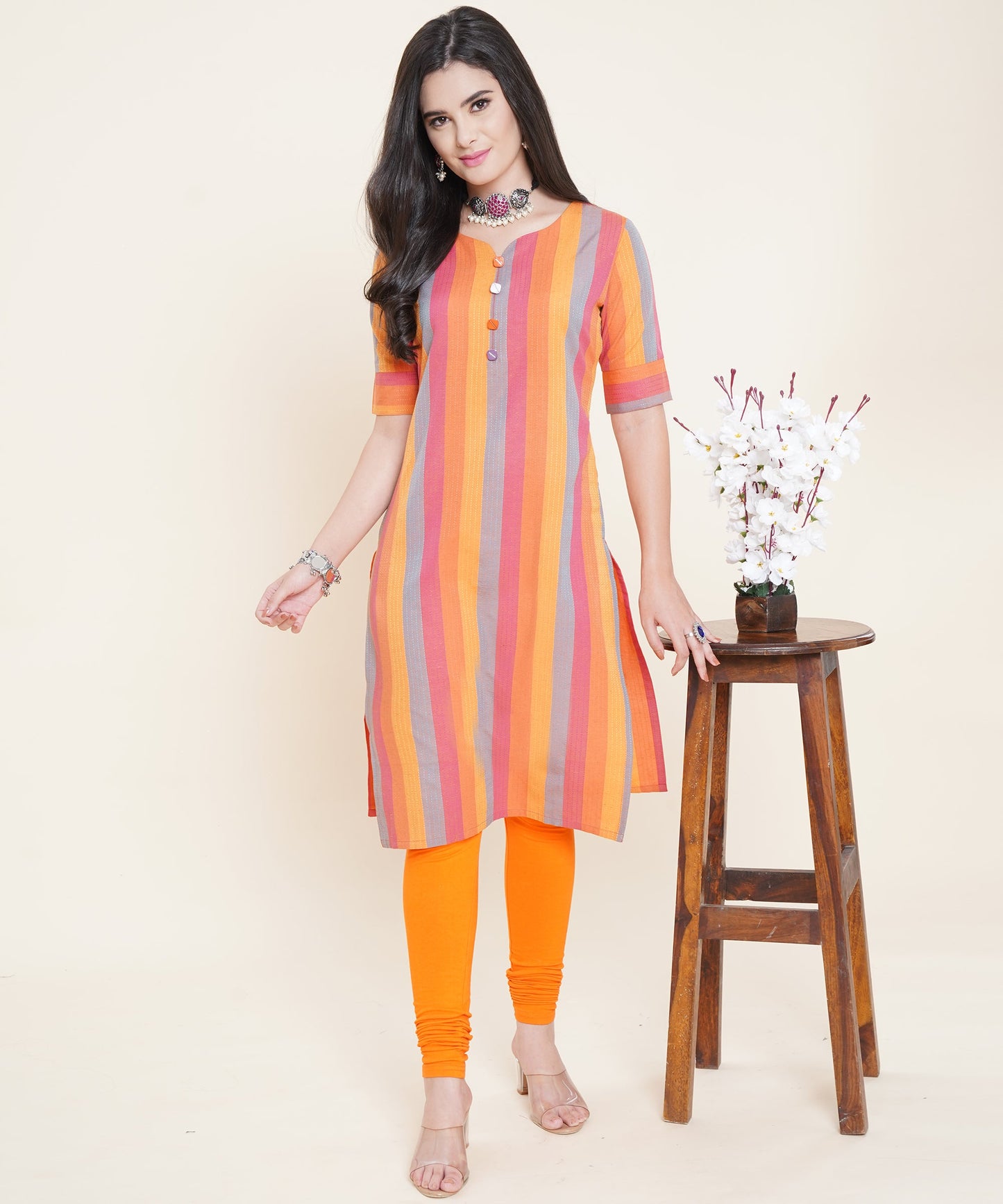 Cotton Self Weaved Multi Colour Striped Kurta, Orange