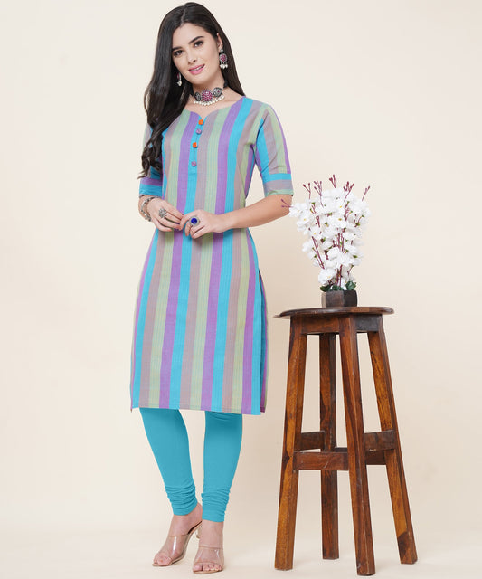 Cotton Self Weaved Multi Colour Striped Kurta, Blue