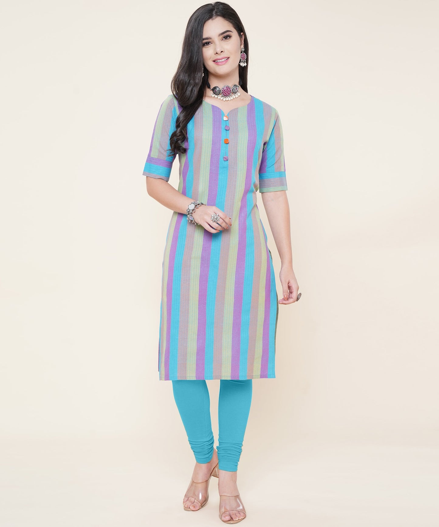 Cotton Self Weaved Multi Colour Striped Kurta, Blue
