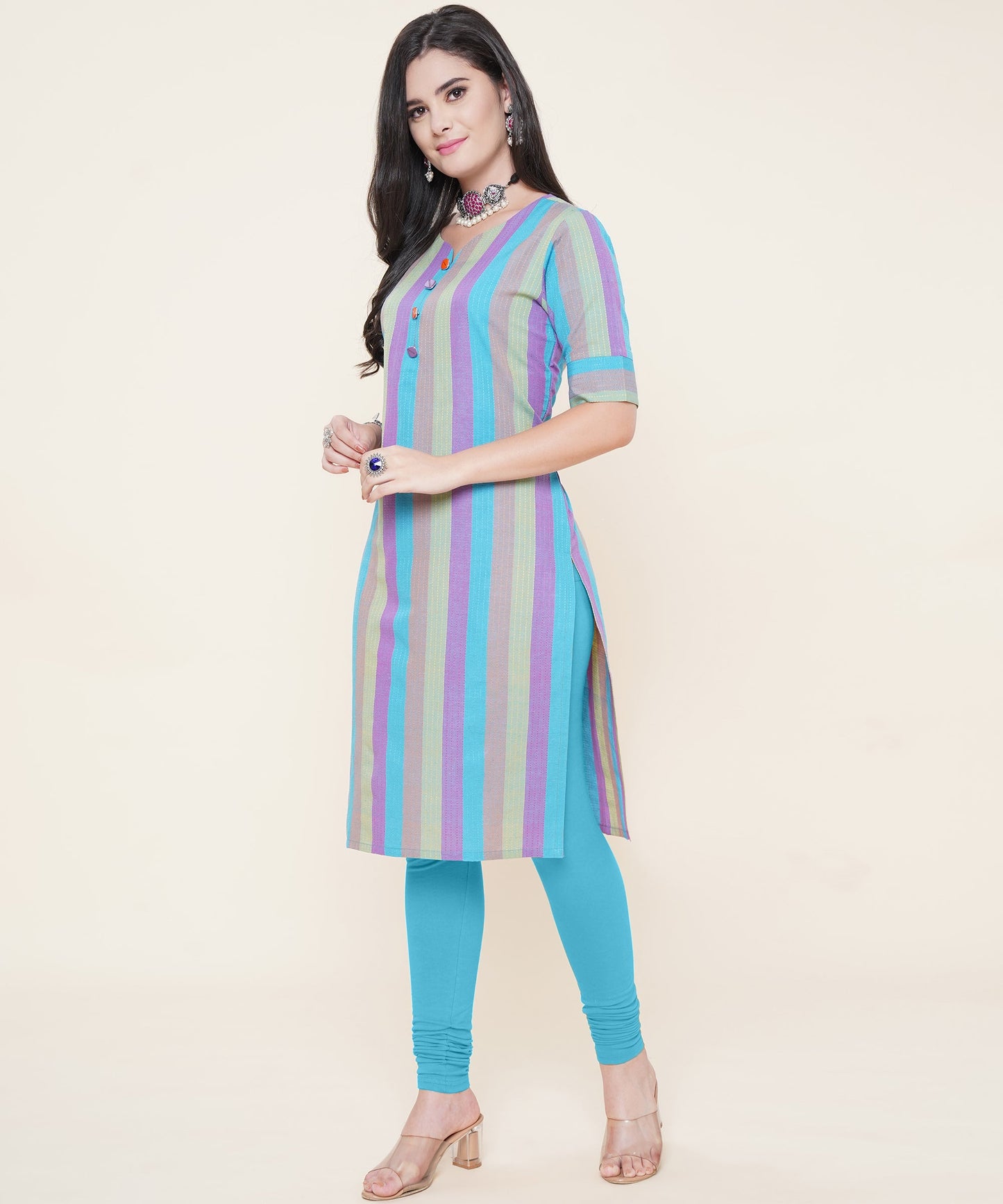 Cotton Self Weaved Multi Colour Striped Kurta, Blue