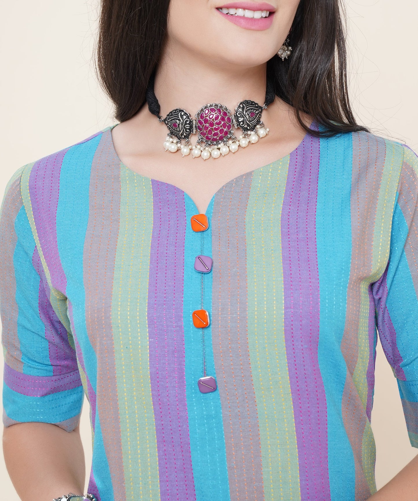 Cotton Self Weaved Multi Colour Striped Kurta, Blue