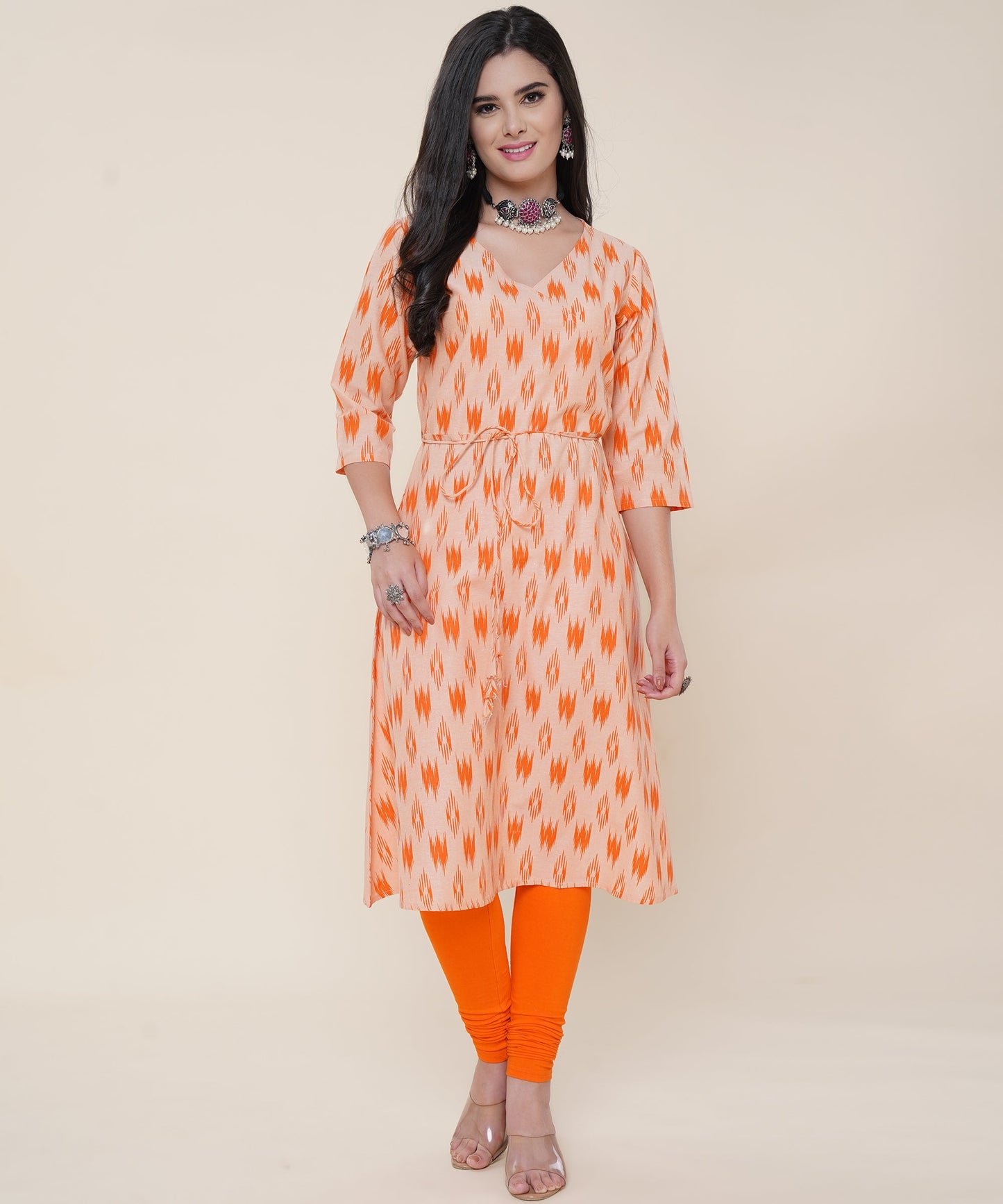 Cotton Printed Angrakha Style Kurta Design , Orange